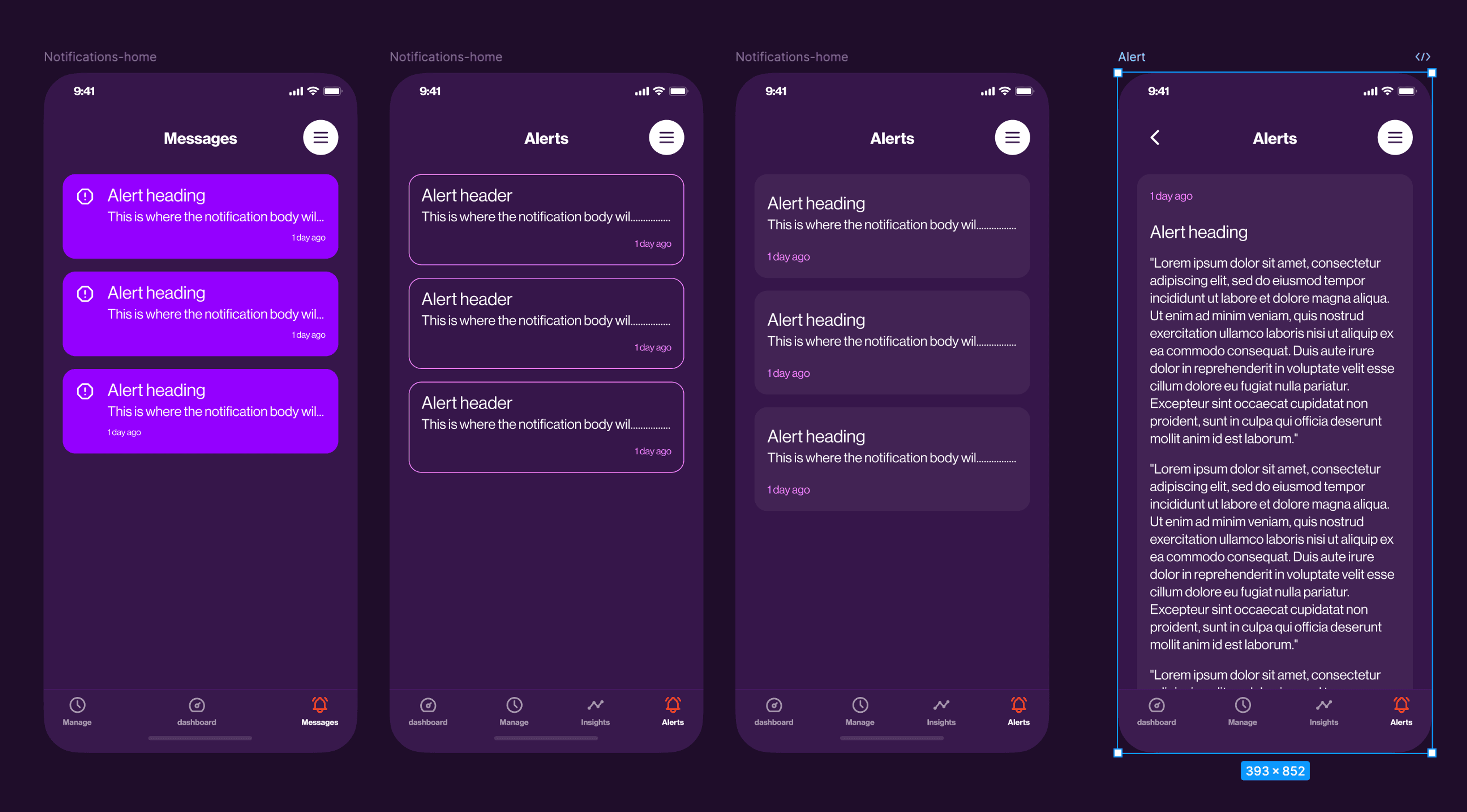 Notification screens from a mobile app: a Messages list with alert cards, an Alerts list in two styles, and an alert detail screen filled with placeholder text.