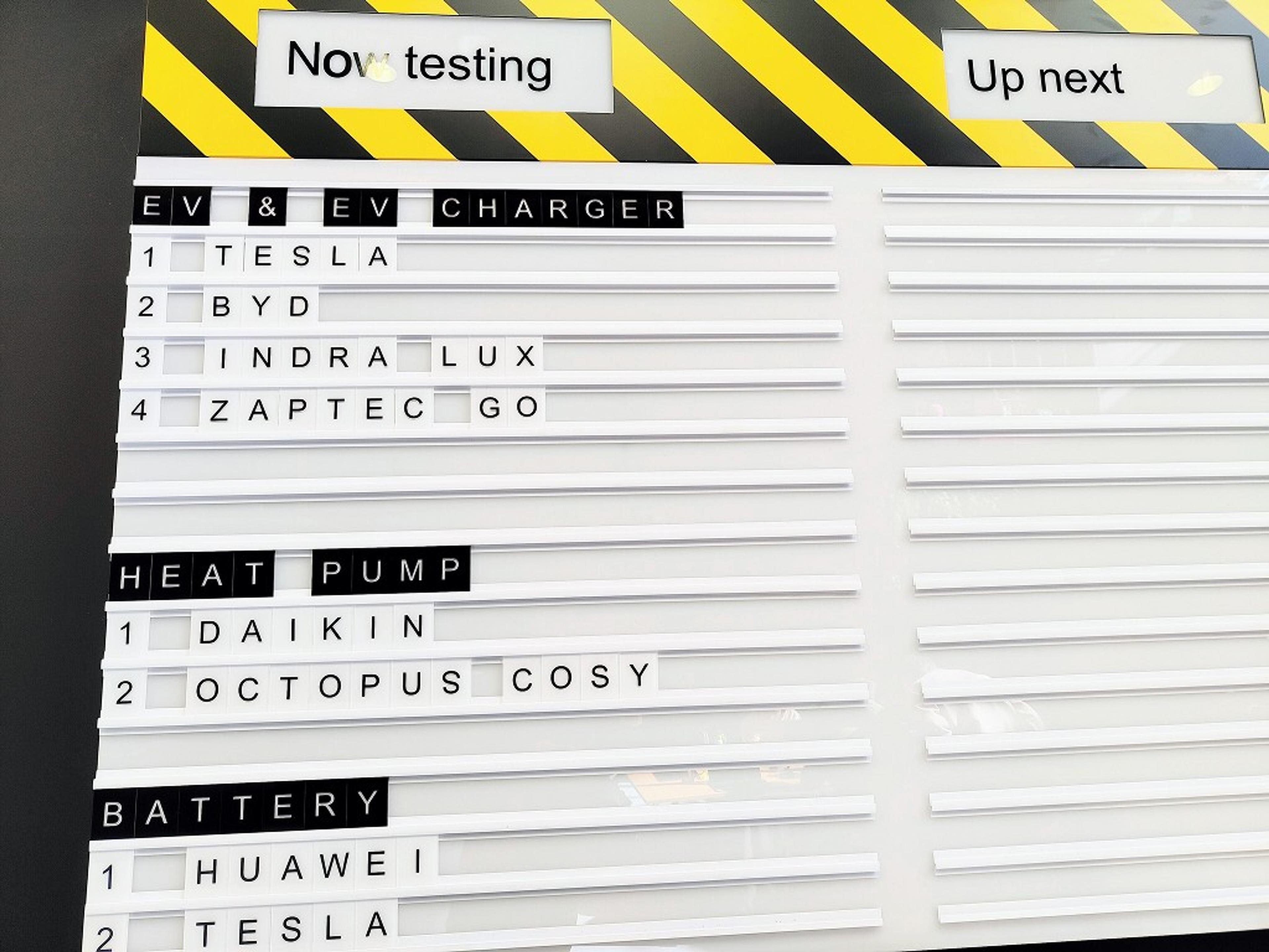 Departure-board style display with Now testing and Up next panels, listing EV and EV charger brands (Tesla, BYD, Indra Lux, Zaptec Go), heat pumps (Daikin, Octopus Cosy) and batteries (Huawei, Tesla).
