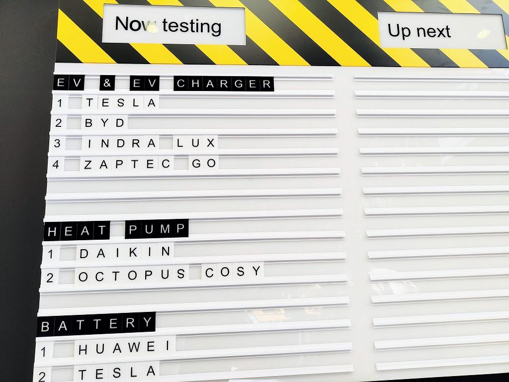 Departure-board style display with Now testing and Up next panels, listing EV and EV charger brands (Tesla, BYD, Indra Lux, Zaptec Go), heat pumps (Daikin, Octopus Cosy) and batteries (Huawei, Tesla).