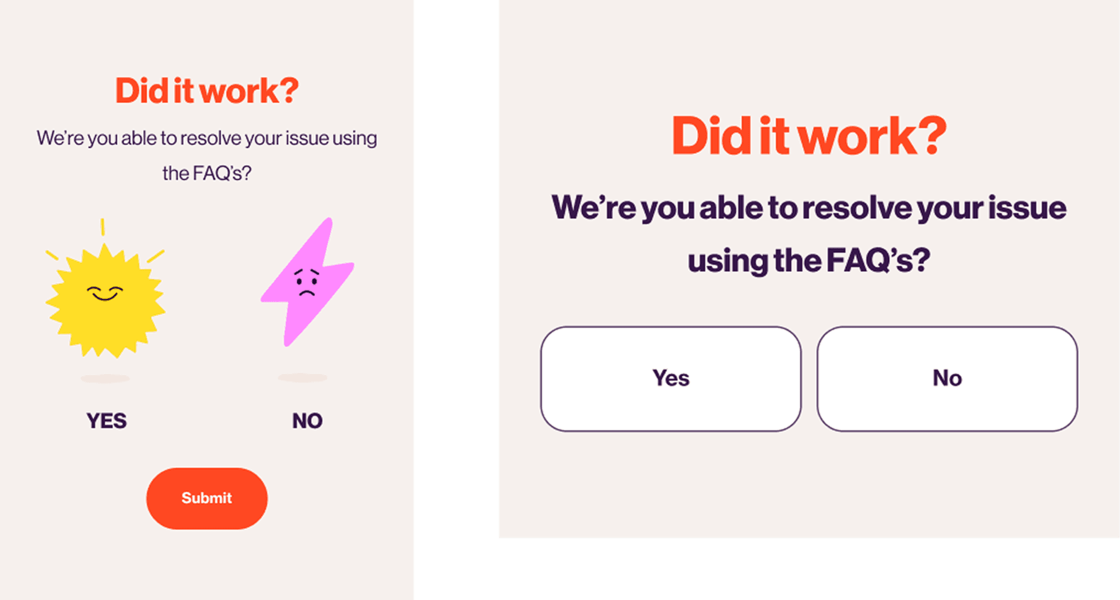 Did it work? feedback panels asking whether the FAQs resolved the issue, with sun and lightning characters for Yes and No.