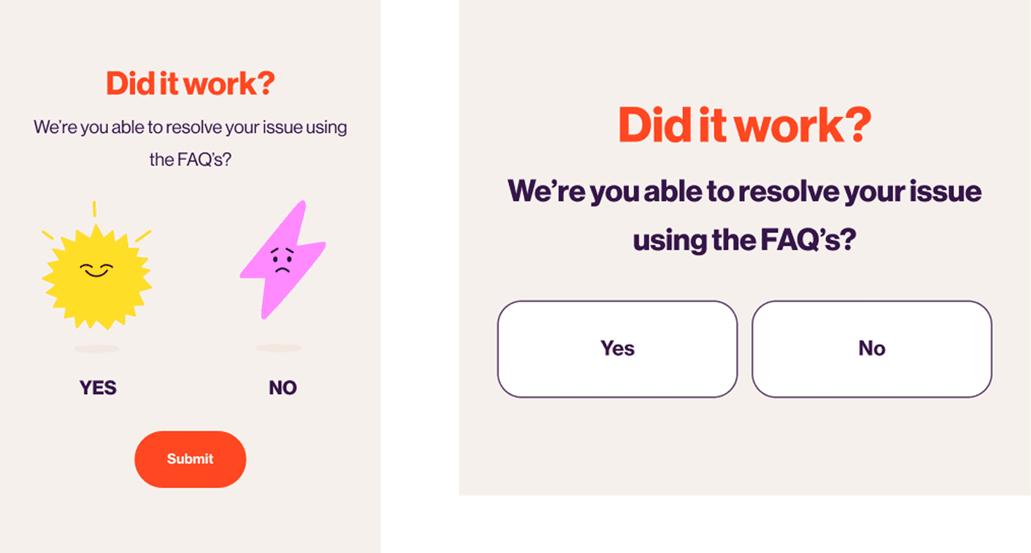 Did it work? feedback panels asking whether the FAQs resolved the issue, with sun and lightning characters for Yes and No.