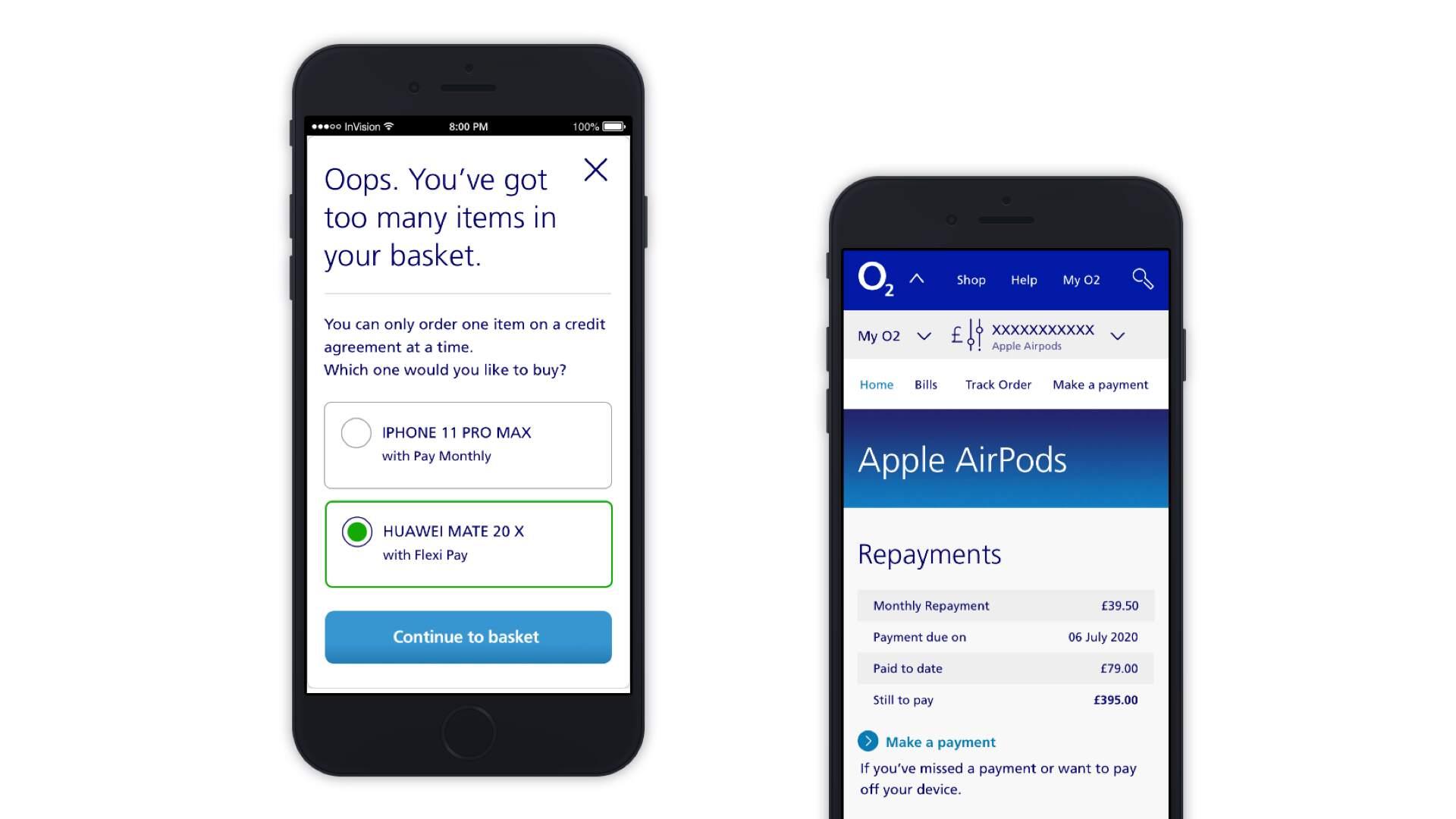 Two phone screens: an Oops, too many items in your basket message asking which credit item to keep, and an O2 My O2 account page for an Apple AirPods repayment plan.