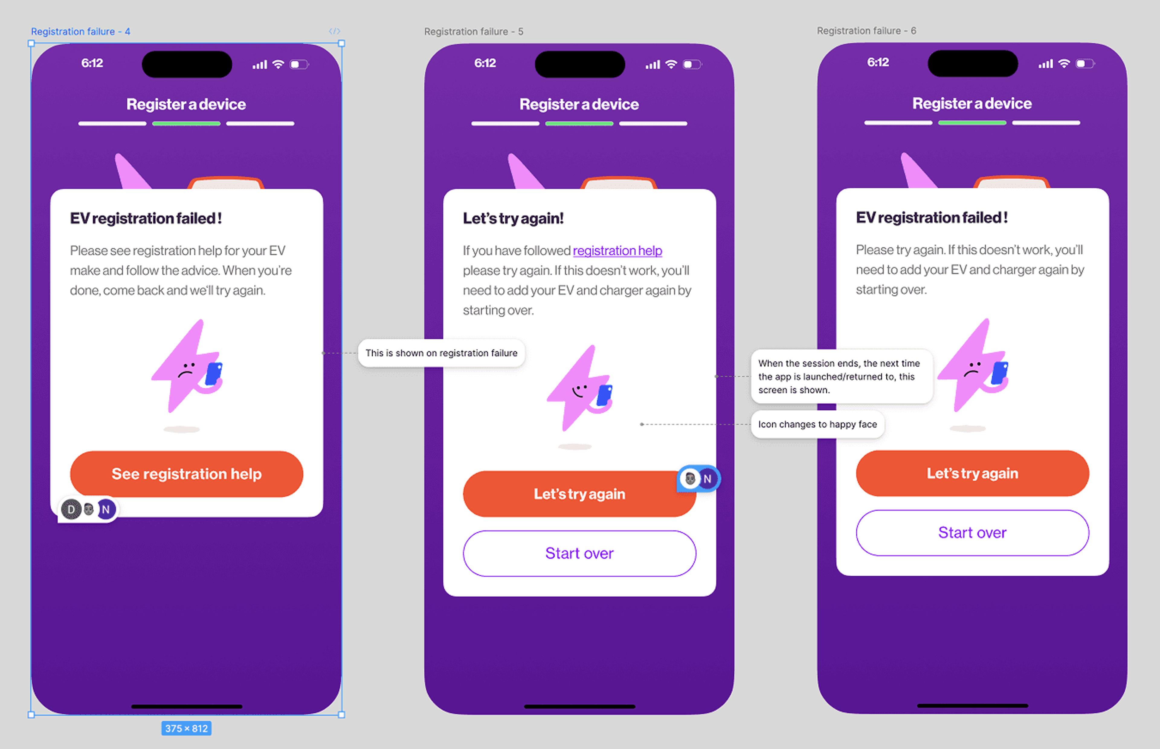 Three phone screens from an EV app titled Register a device, showing the registration failed message, a Let's try again prompt and a Start over option. A pink lightning character changes expression between screens.