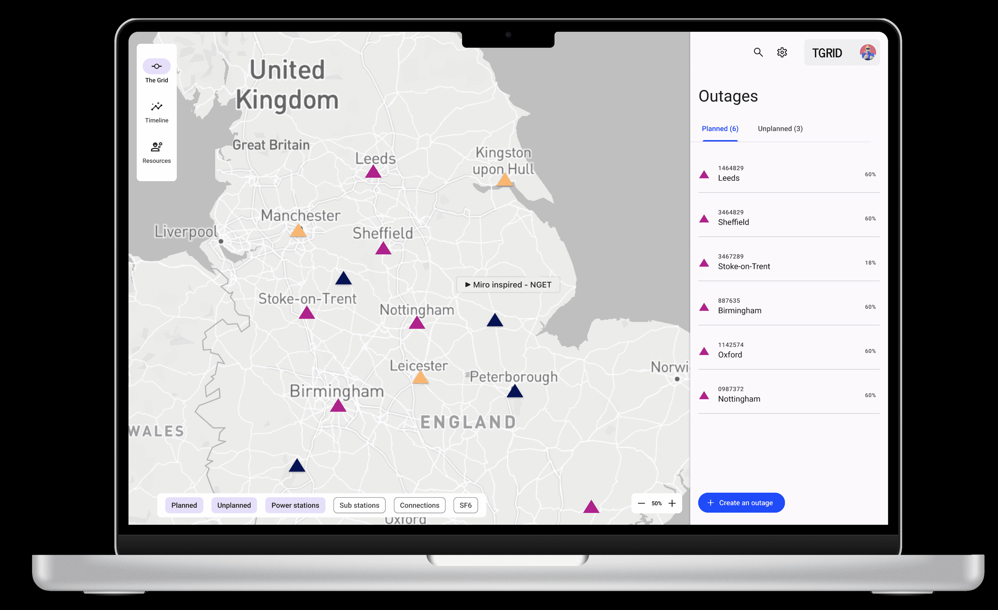 Pulse grid view on a laptop, with a map of England and Wales marking planned and unplanned outages, and a list of outages on the right.