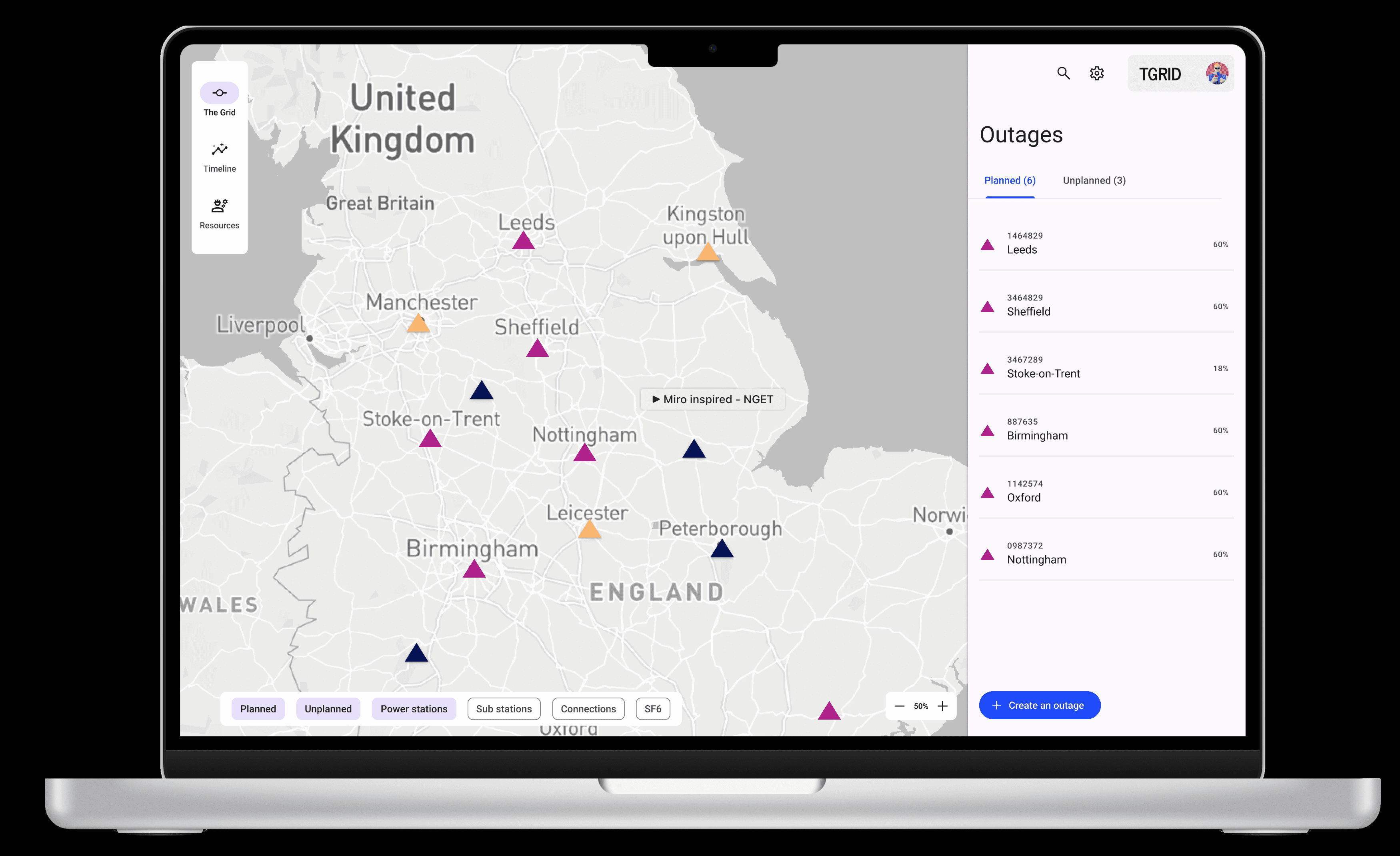 Pulse grid view on a laptop, with a map of England and Wales marking planned and unplanned outages, and a list of outages on the right.
