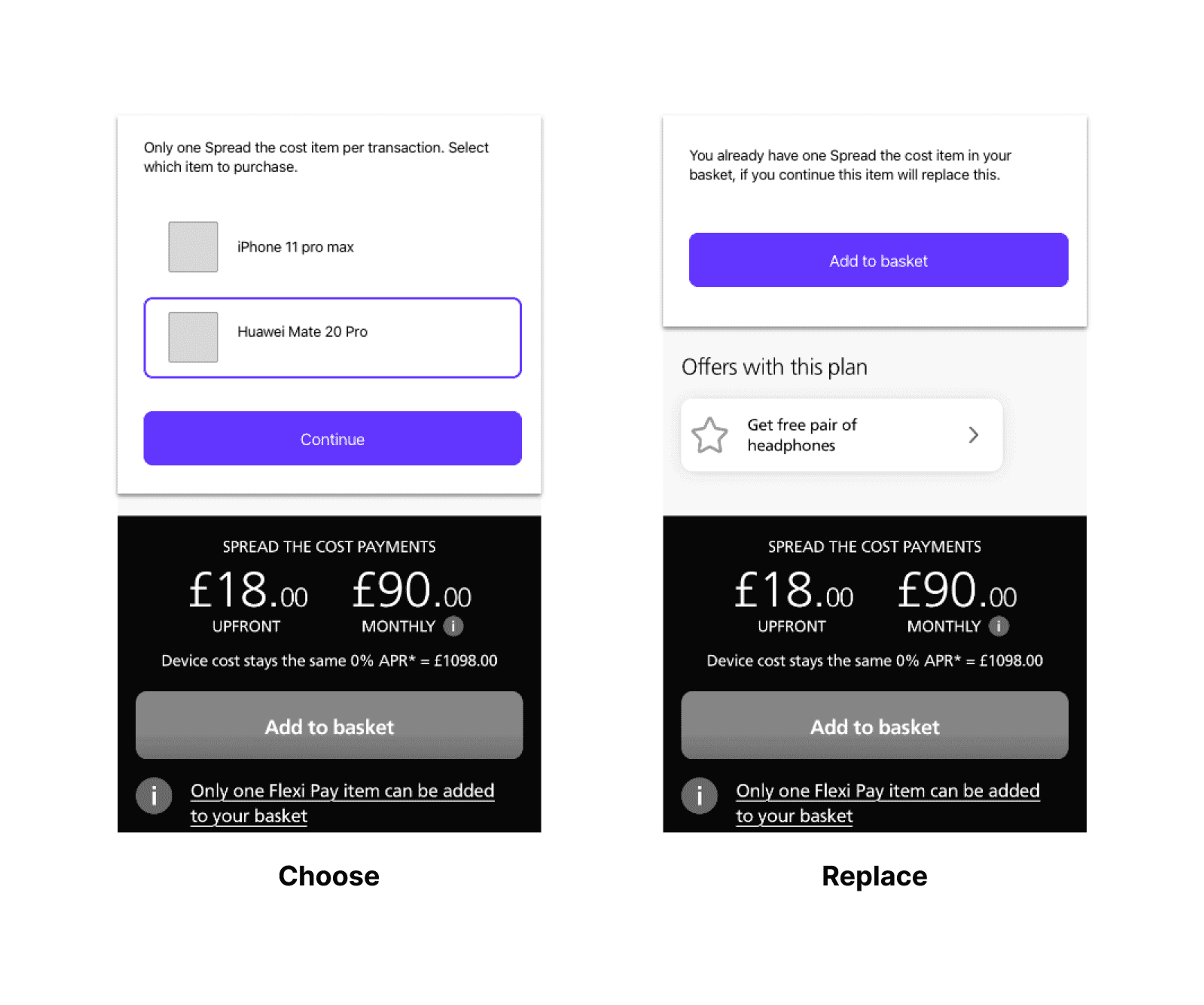 Two mobile screens showing the Choose and Replace steps for spreading the cost of one phone, with a message that only one Flexi Pay item can be in the basket.
