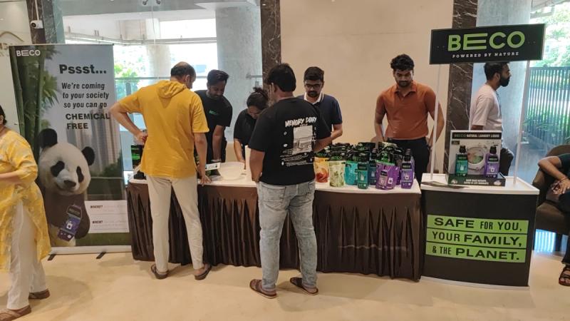 Beco sustainable product sampling kiosk at Indian residential society — eco-brand activation with community trust building