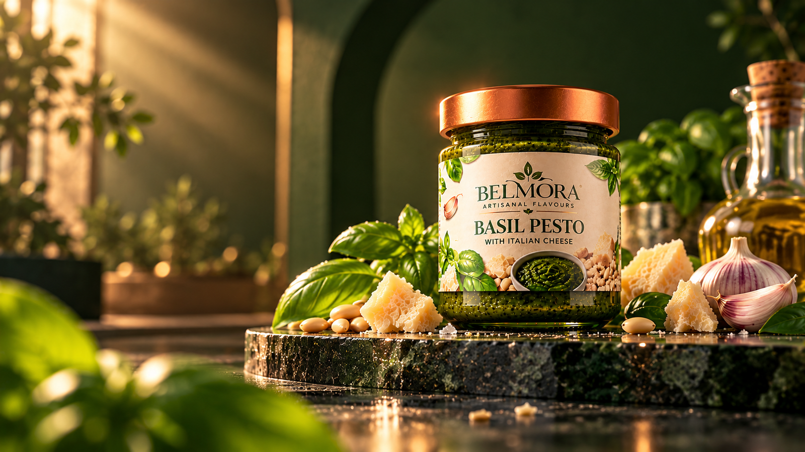 BELMORA basil pesto jar on a dark green stone pedestal against a sculptural emerald background with restrained basil and Parmesan styling.