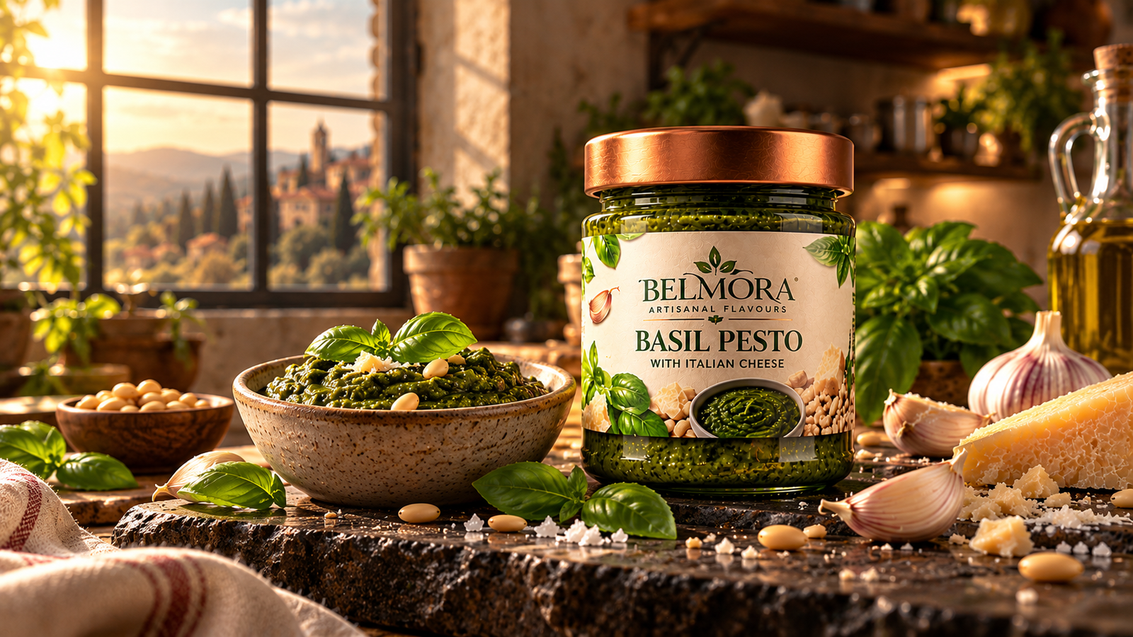 BELMORA basil pesto jar on a dark stone kitchen counter with pesto bowl, basil, garlic and Parmesan in a warm Italian kitchen.