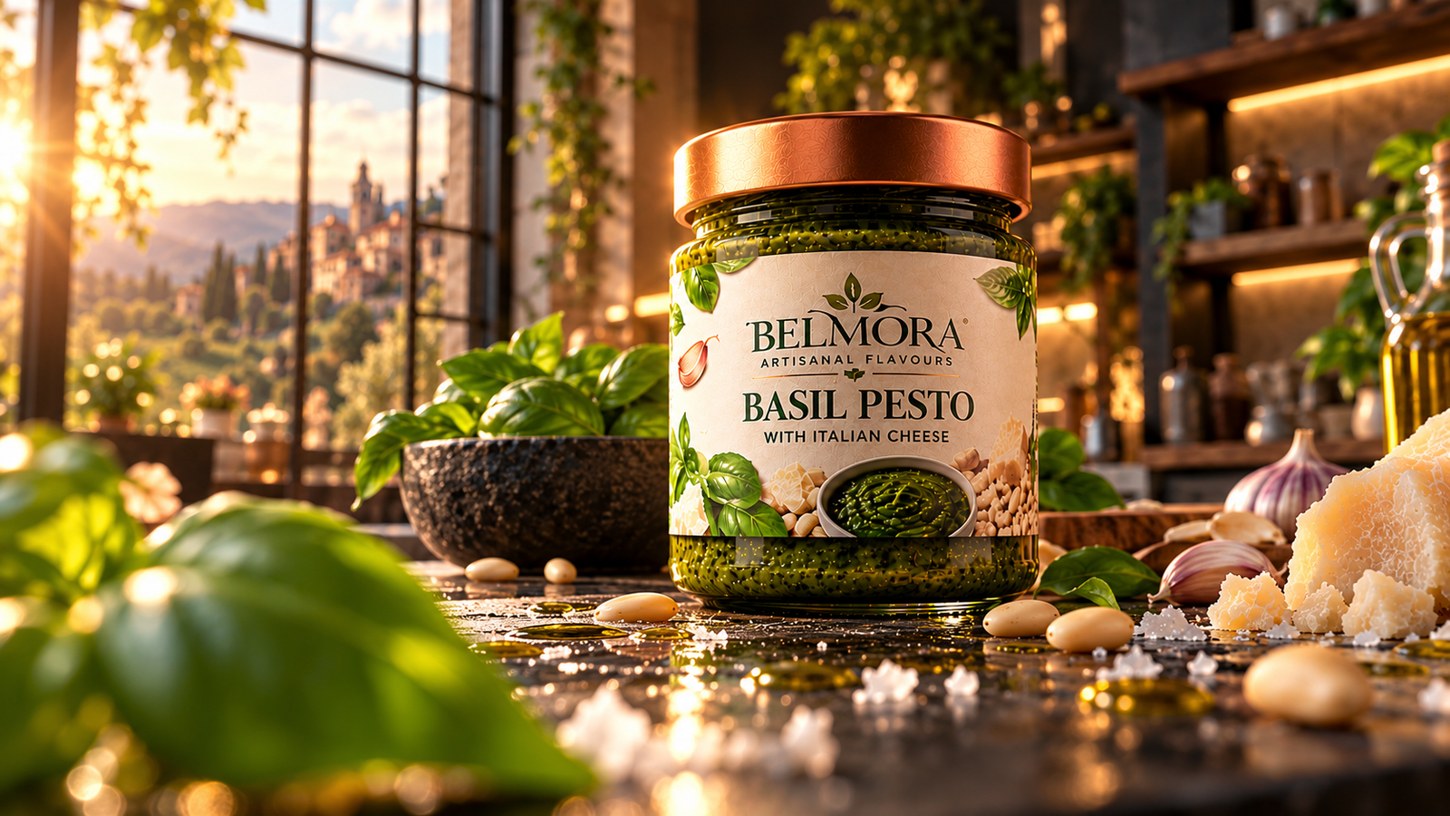 Low-angle BELMORA basil pesto product photograph on reflective wet slate with warm kitchen bokeh and crisp label focus.
