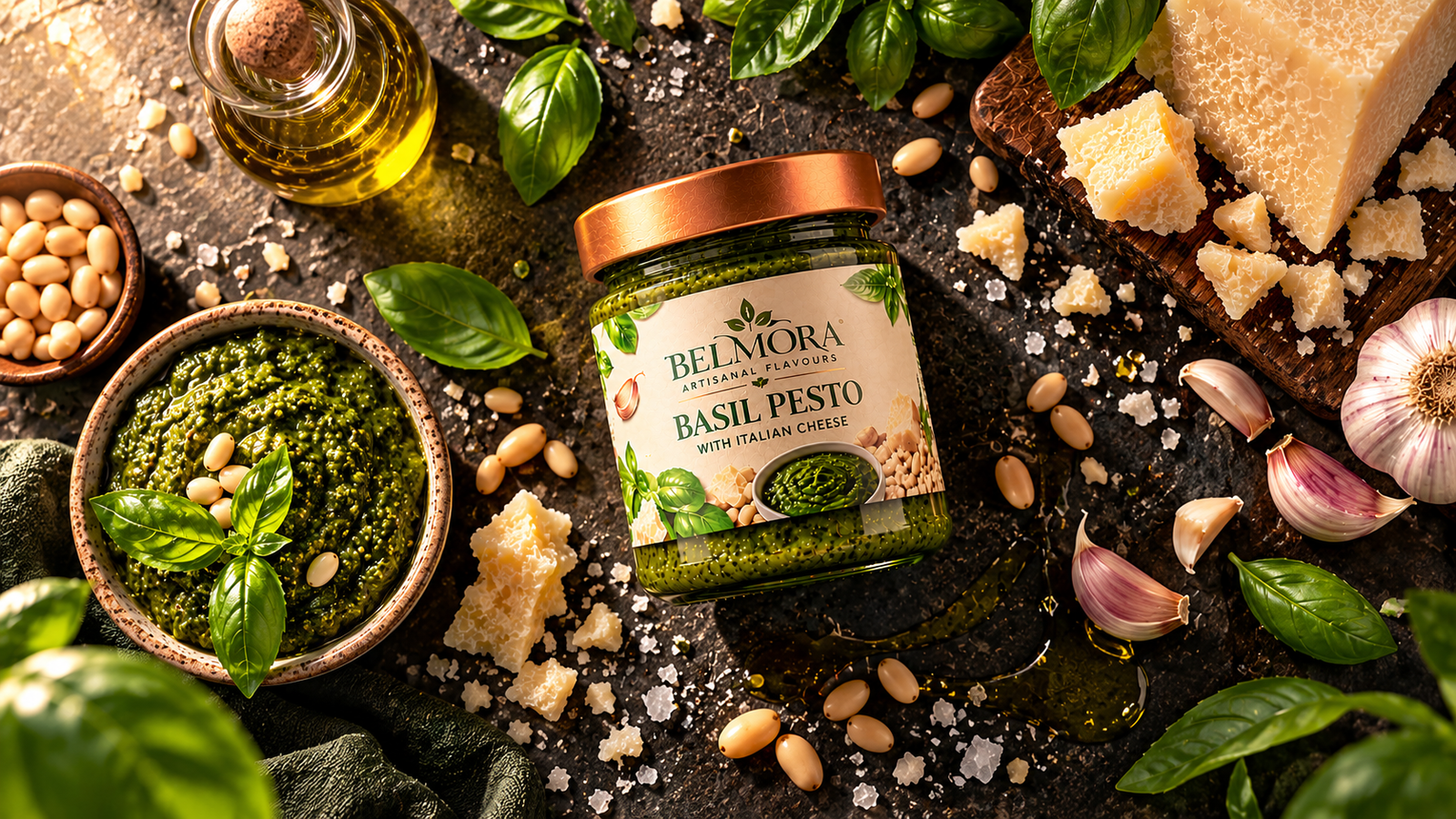 Overhead editorial flat lay of BELMORA basil pesto jar with basil leaves, pine nuts, garlic, Parmesan and olive oil on dark slate.