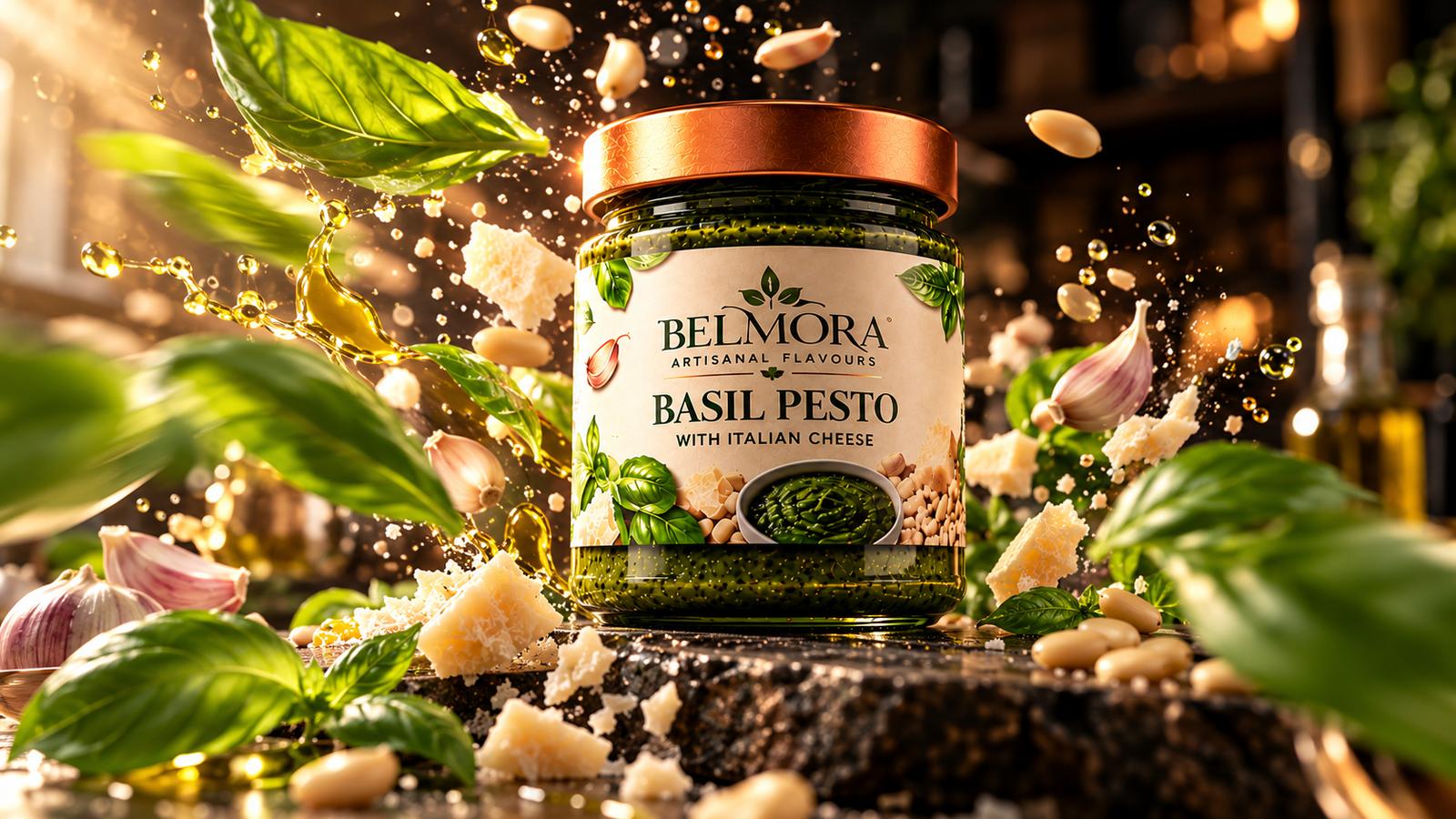 BELMORA basil pesto jar in a high-speed advertising composition with suspended basil leaves, pine nuts, Parmesan fragments and olive oil droplets.