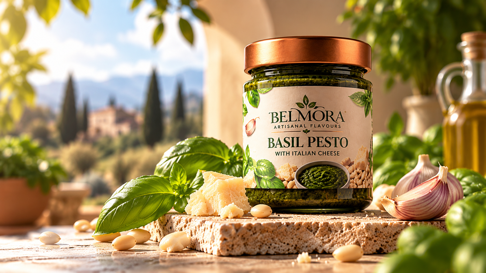 BELMORA basil pesto jar on a pale stone terrace counter with fresh basil, pesto bowl and softly blurred Tuscan scenery.