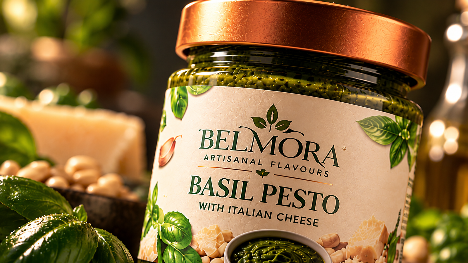 Macro close-up of the BELMORA basil pesto jar highlighting the copper lid, cream printed label, glass reflections and green pesto texture.