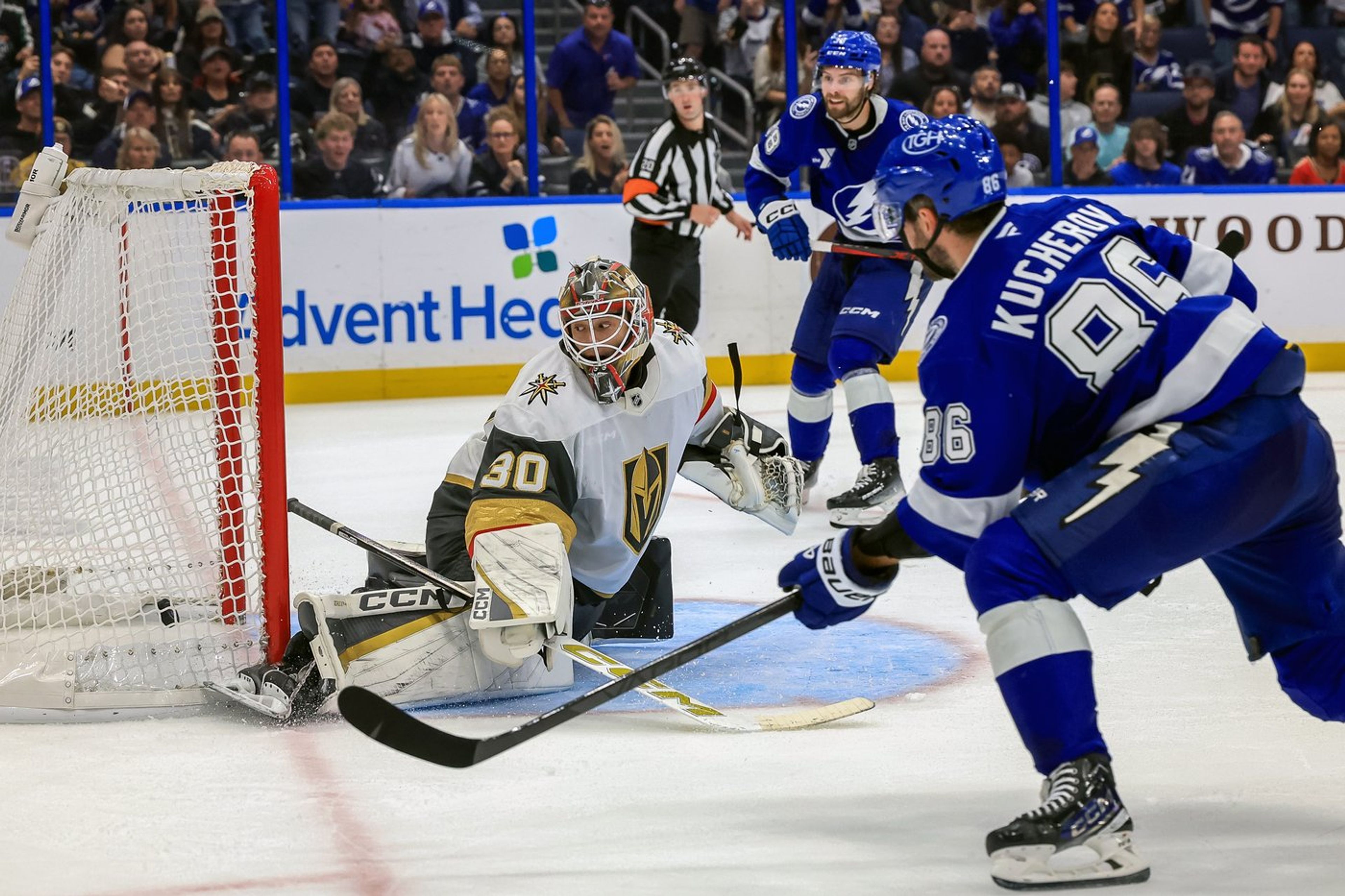 Nikita Kurcherov Tampa Bay Lightening scoring on LA Knights Goaltender