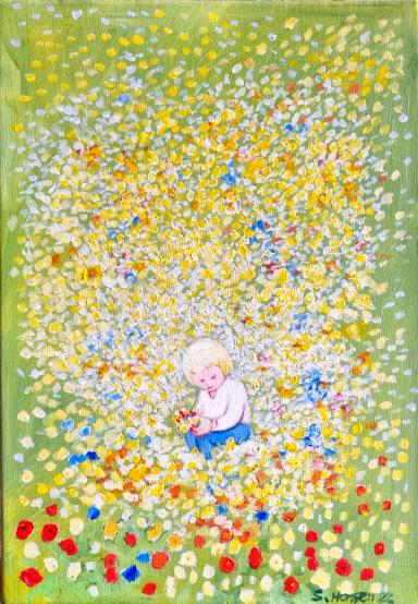 Midt i en eng med tusenvis av blomster