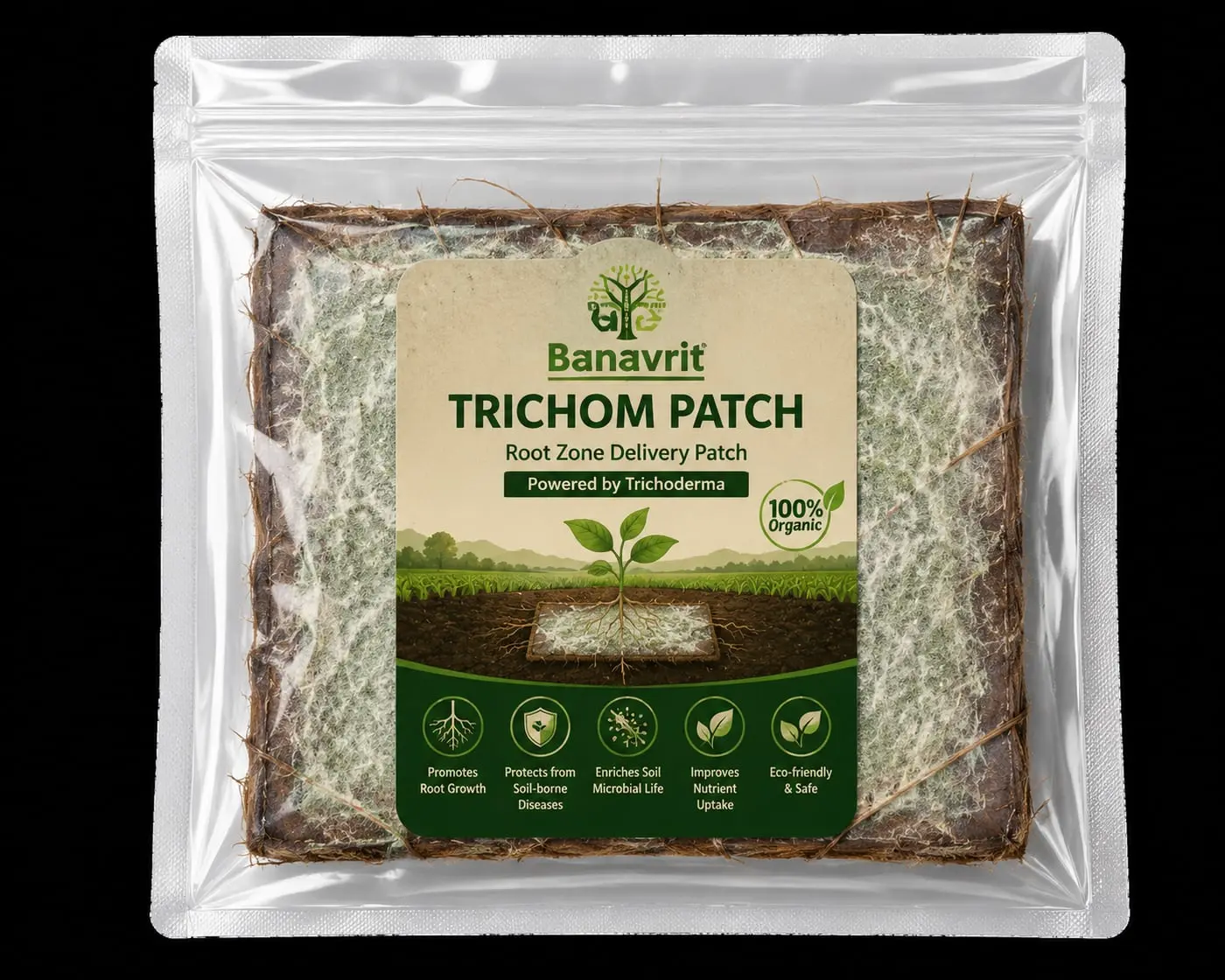 A sealed Trichom Patch retail pack, showing the fibrous banana-pseudostem patch colonised with Trichoderma behind a labelled front panel.
