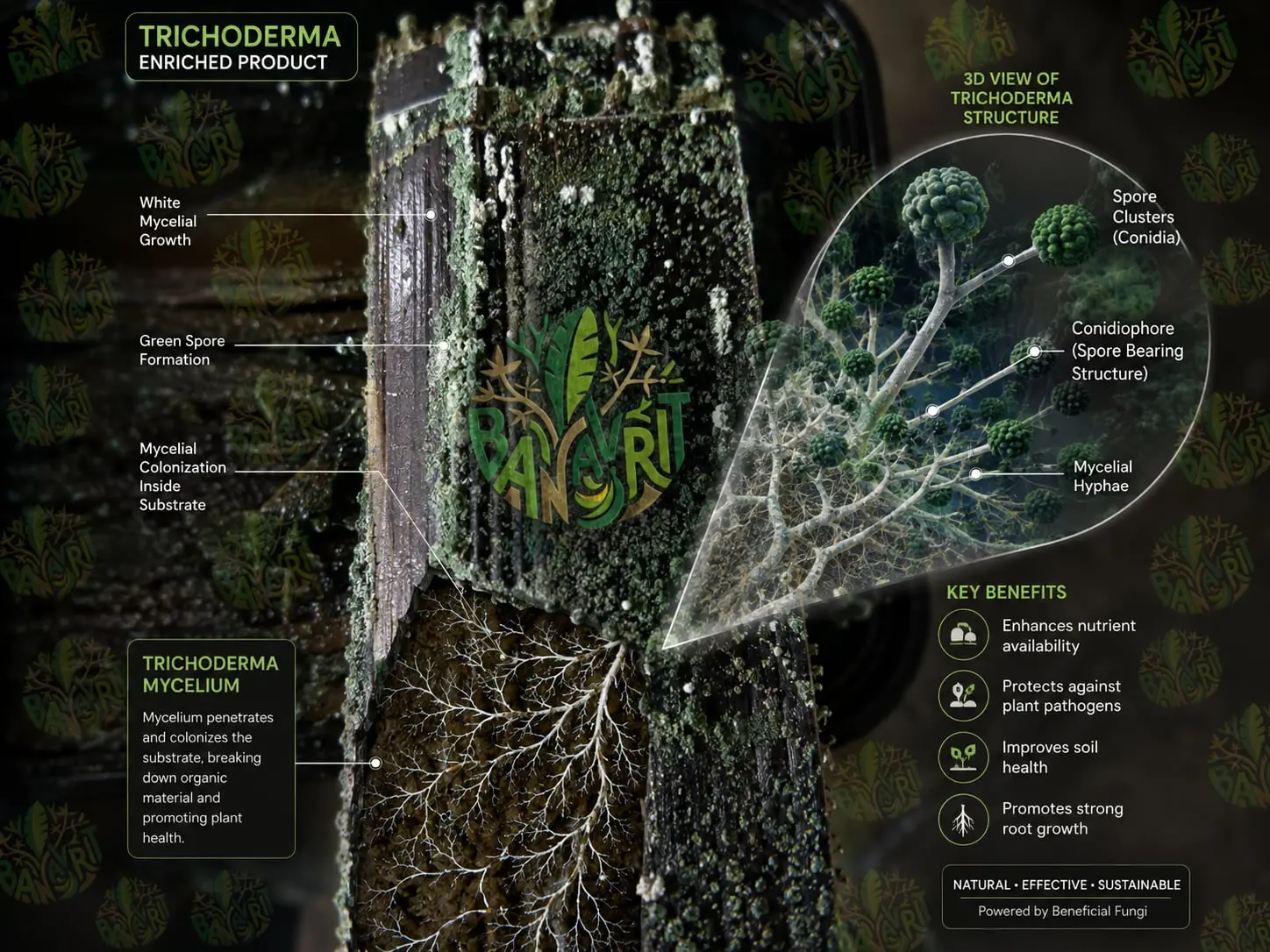 Annotated close-up of a Trichom Patch showing white mycelial growth, green spore formation and mycelial colonisation inside the banana pseudostem substrate, beside a diagram of Trichoderma spore clusters, conidiophores and hyphae.