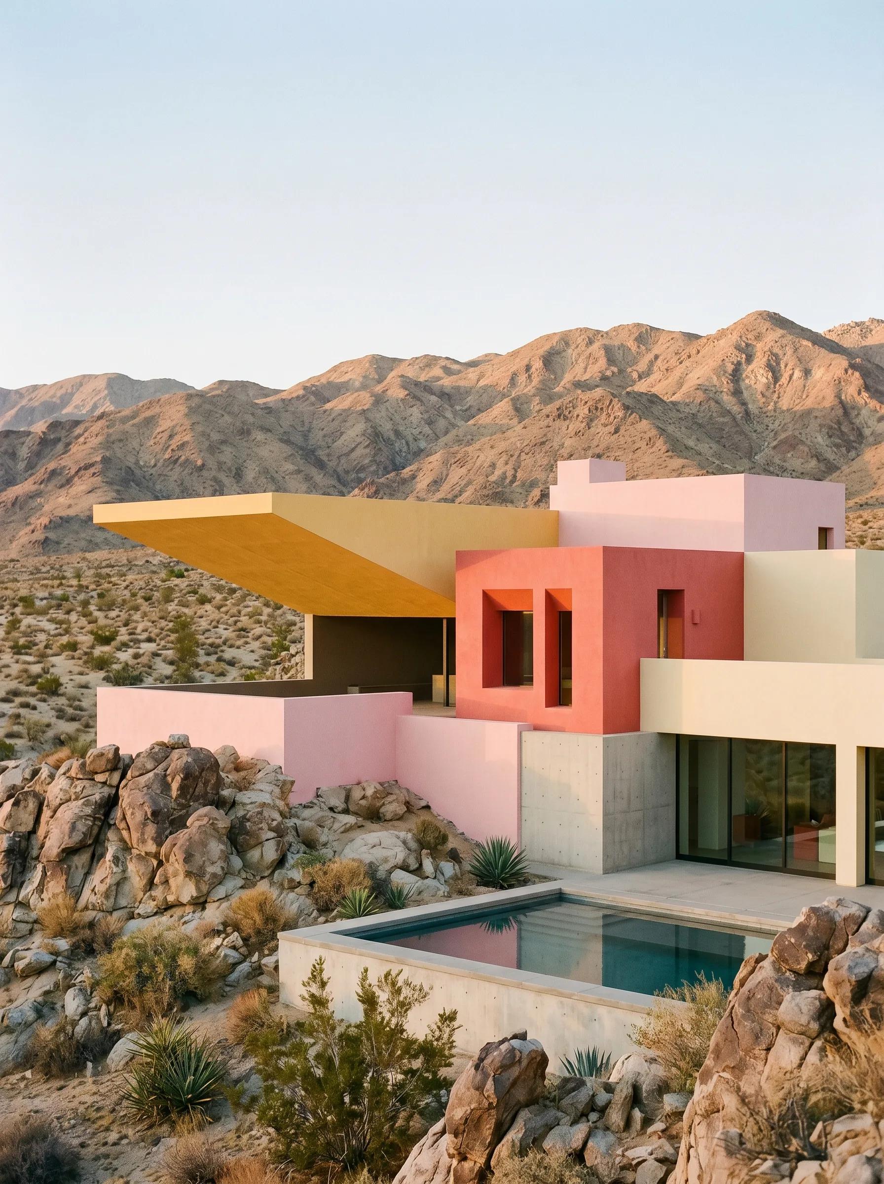 Pink and yellow modern desert house with pool and mountain landscape