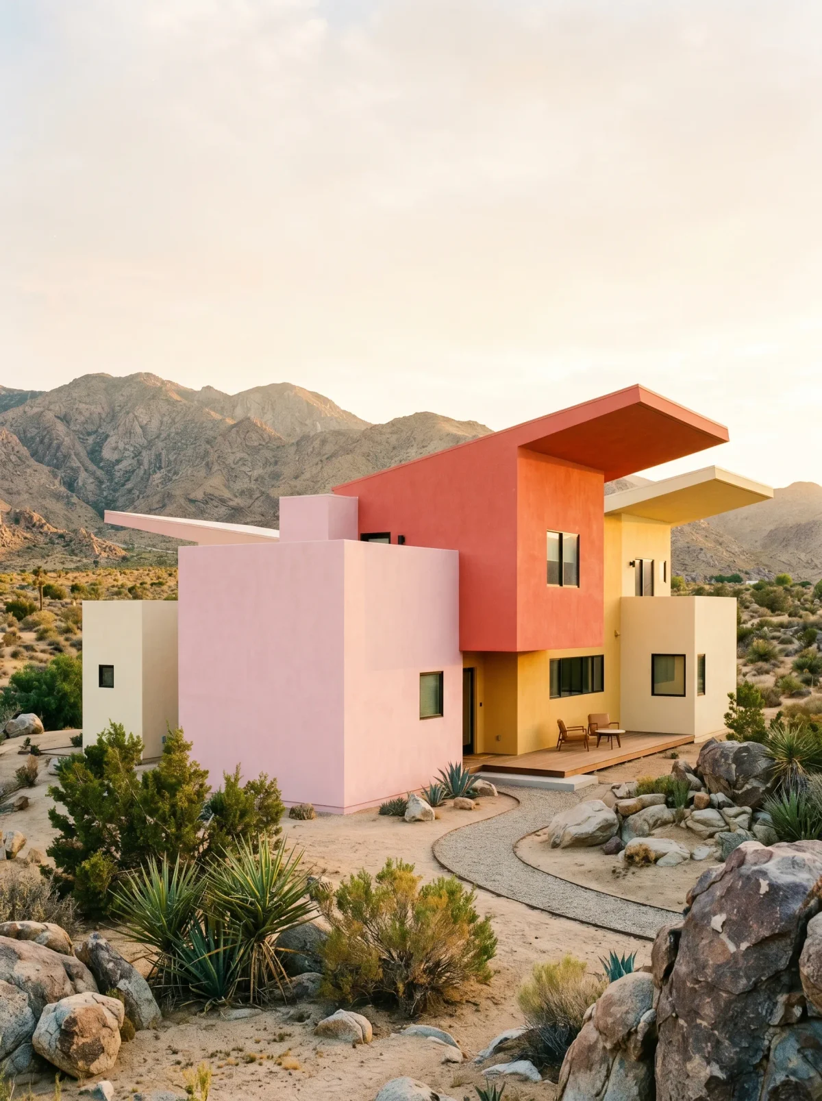 Colorful desert house with pink, red, yellow, and cream volumes against rocky mountains