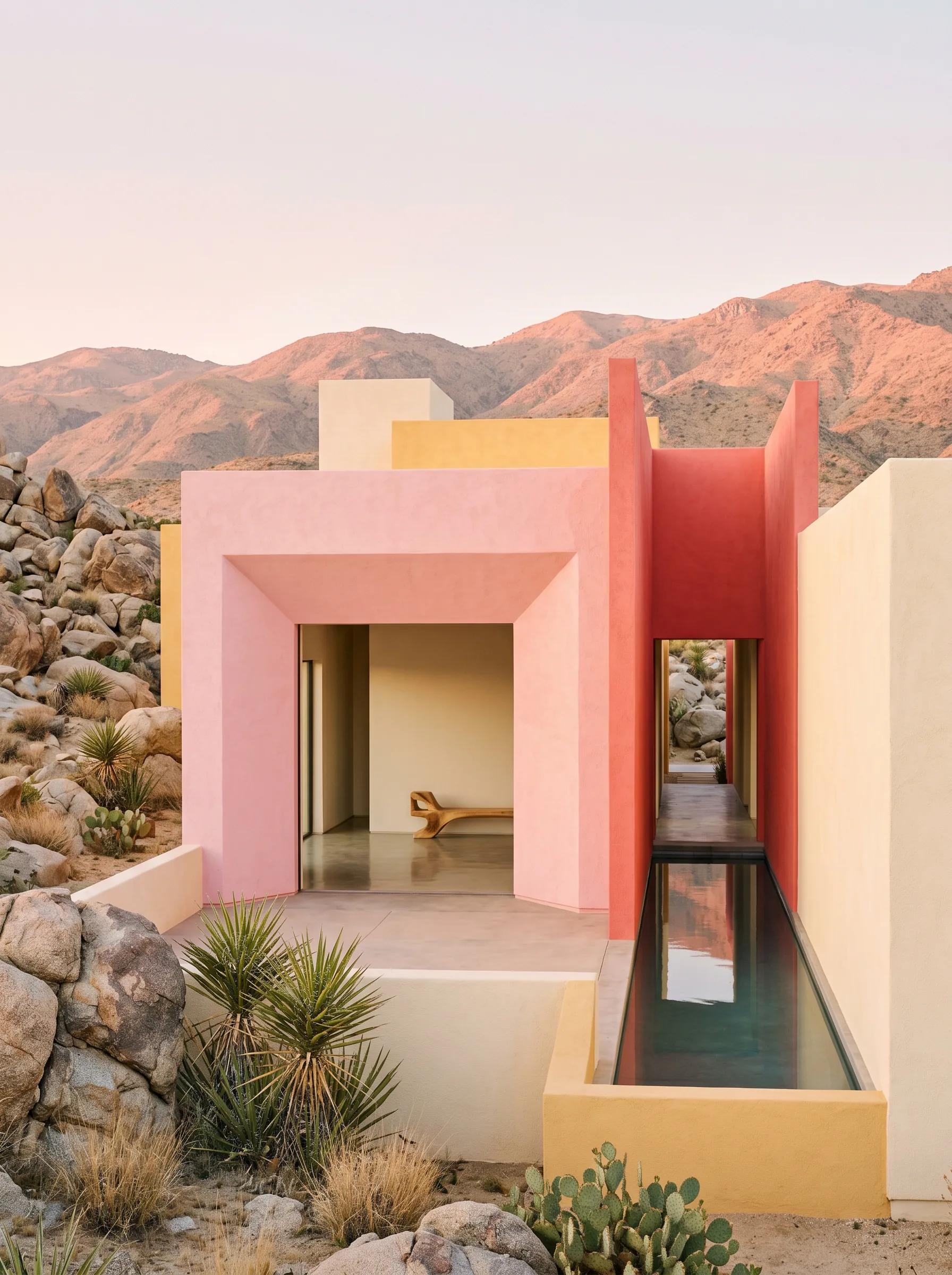 Minimal geometric desert villa in pastel tones surrounded by rocks