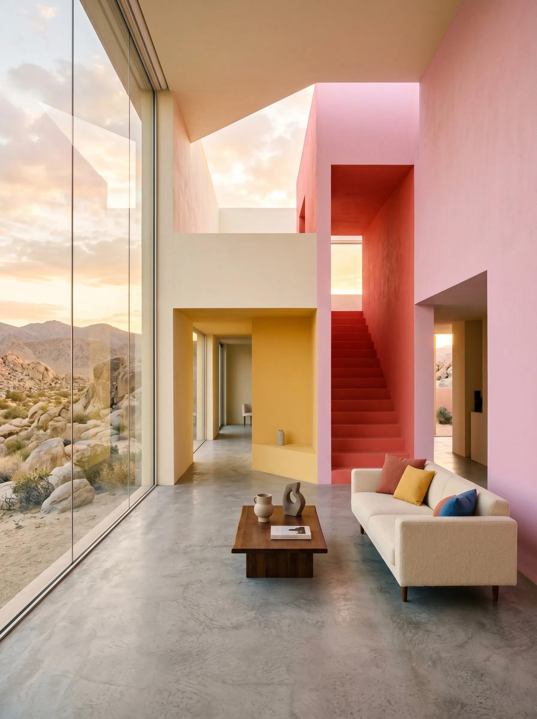 Warm sunset view of a colorful modern house in a rocky desert setting
