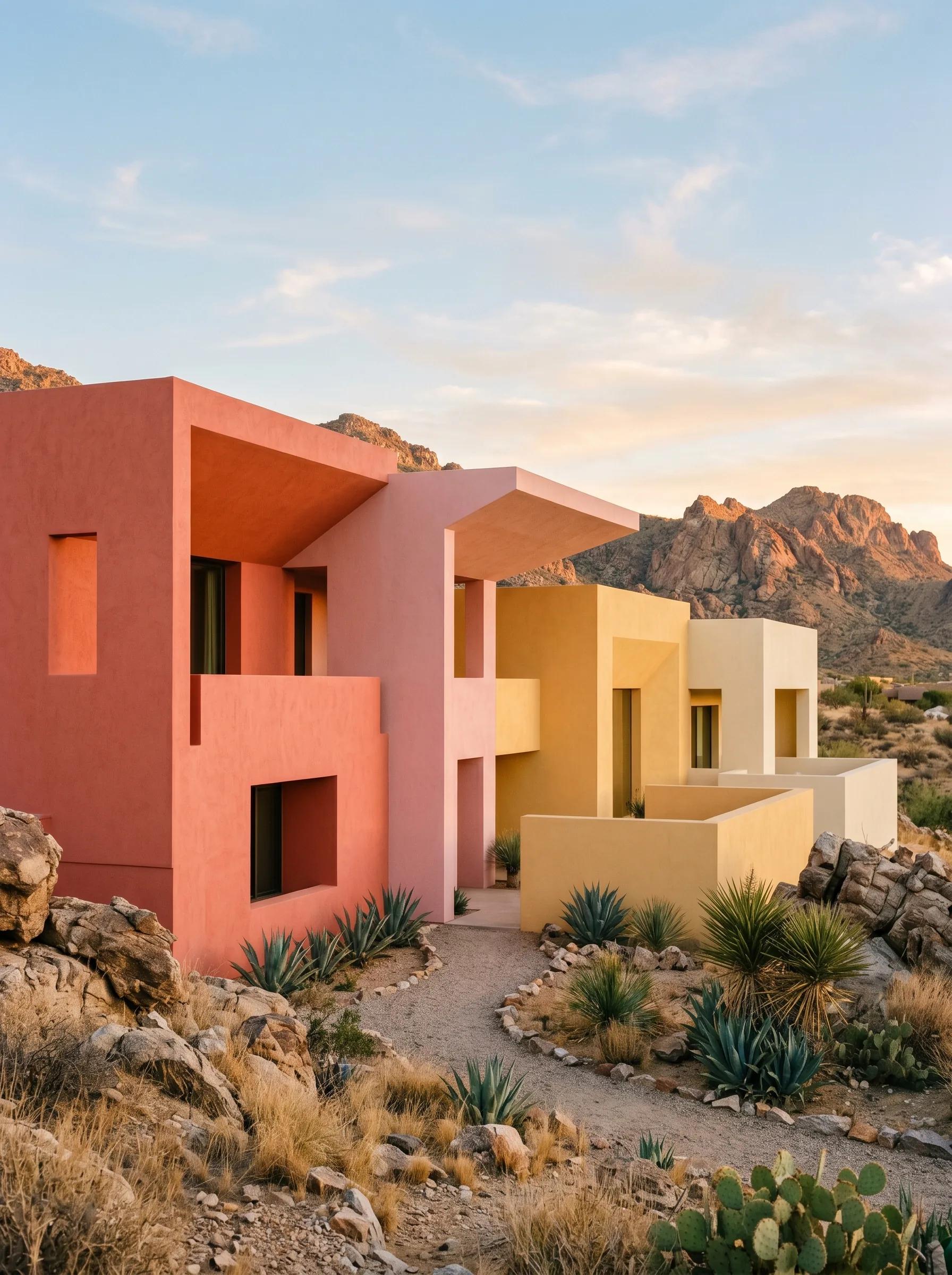 Low-angle view of colorful desert architecture with sharp roof planes