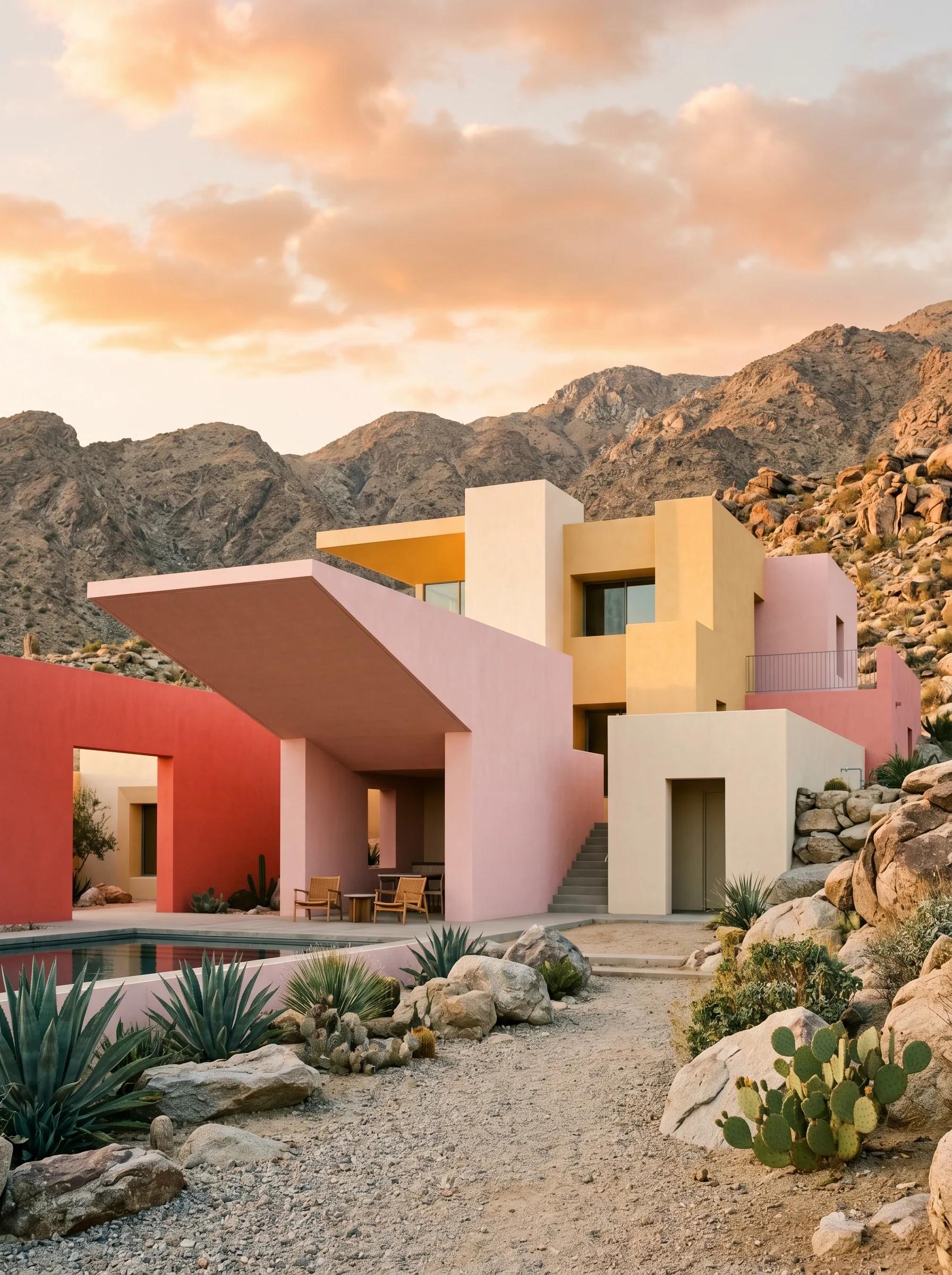 Modern pastel desert villa with pool, cactus garden, and sunset mountains