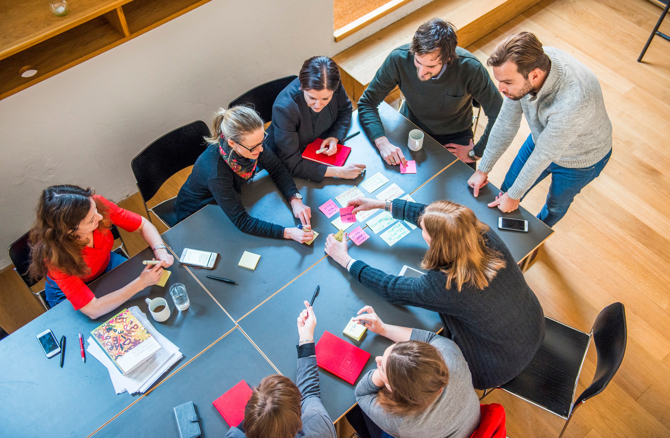 Bilde tatt ovenfra. 7 personer rundt ett bord, hvor de bruker post-it lapper for idé-myldring.