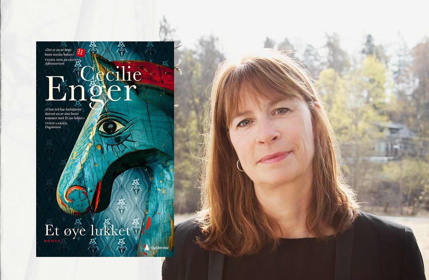 Portrettbilde av Cecilie Enger med bokomslaget på "Et øye lukket"