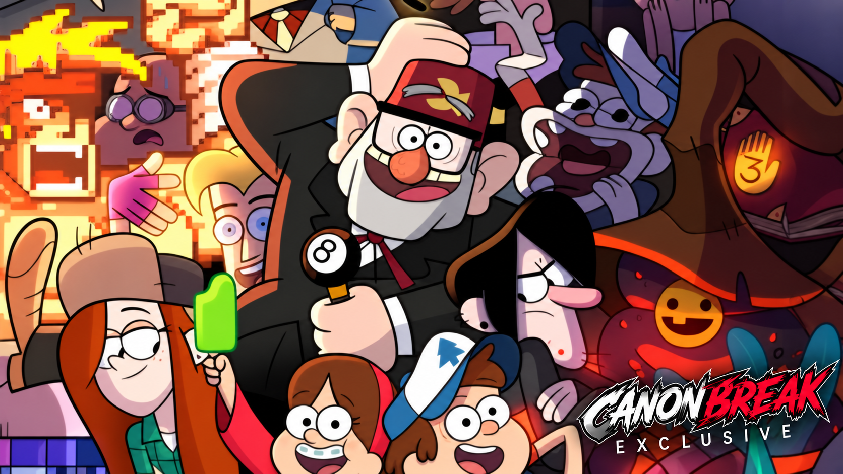 Grunkle Stan, Dipper, Mabel, Wendy and other Gravity Falls characters crowded together