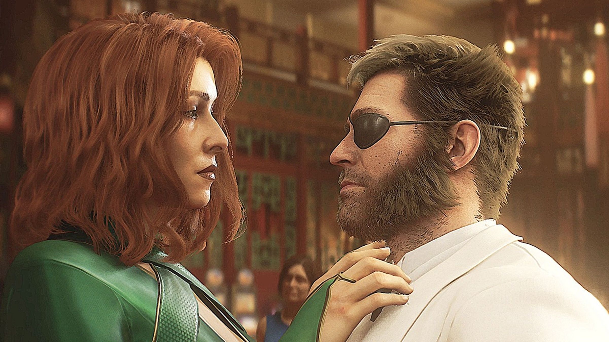 Jean Grey and Logan, wearing an eyepatch, face to face in Insomniac's Wolverine