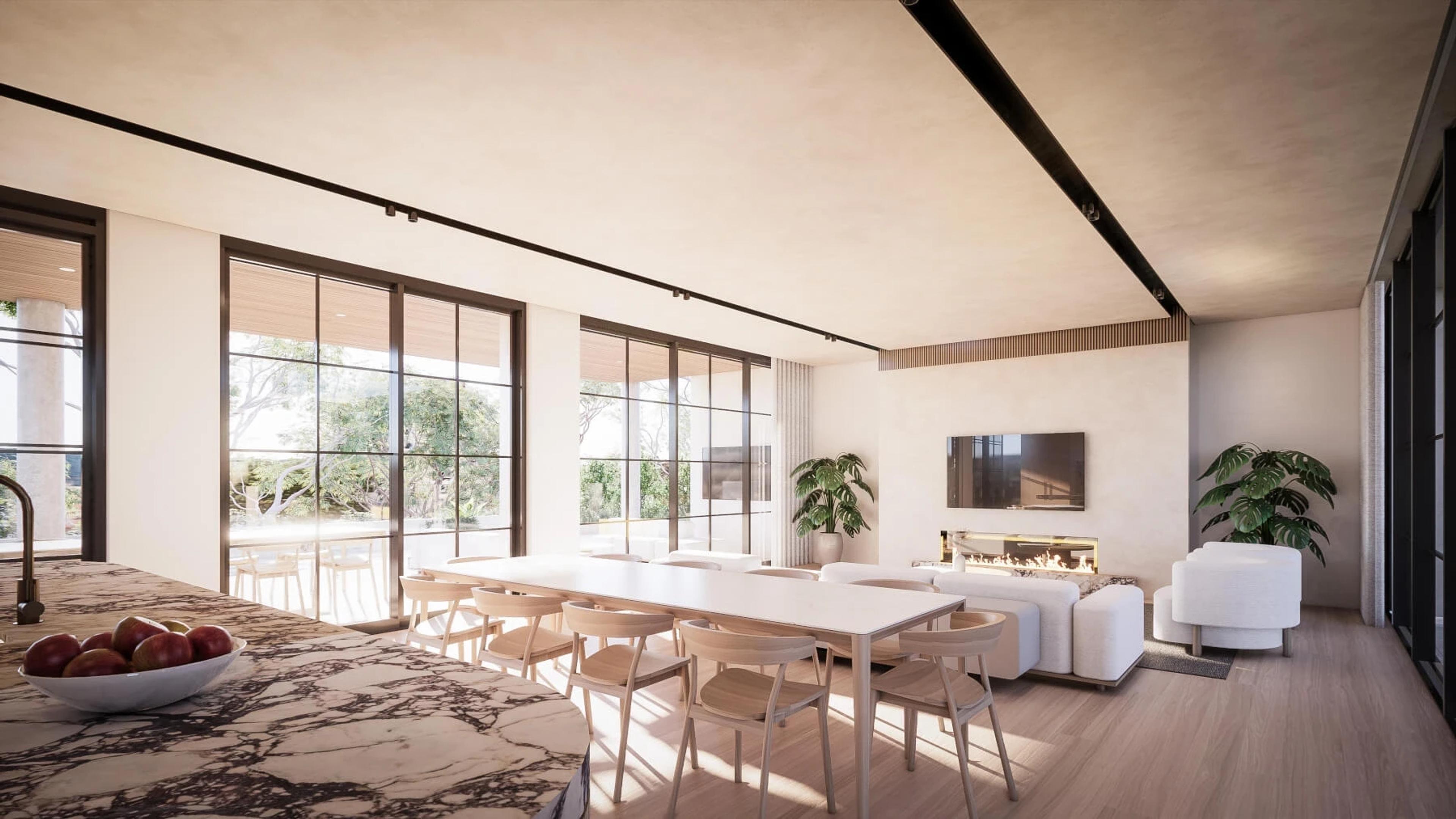 Open plan dining and living render with fireplace and stone bench