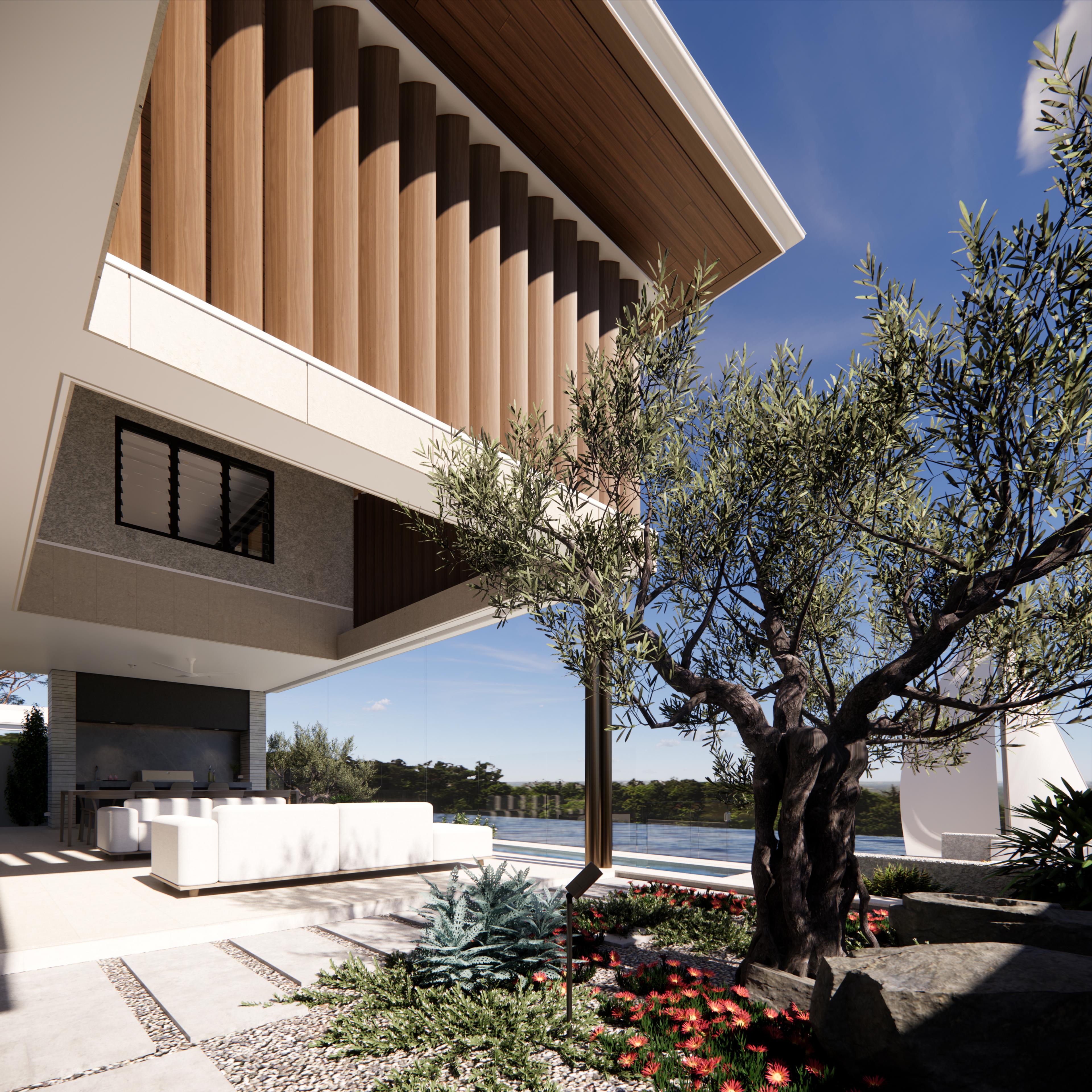 Covered alfresco lounge under curved timber battens with an olive tree, garden and lake view beyond
