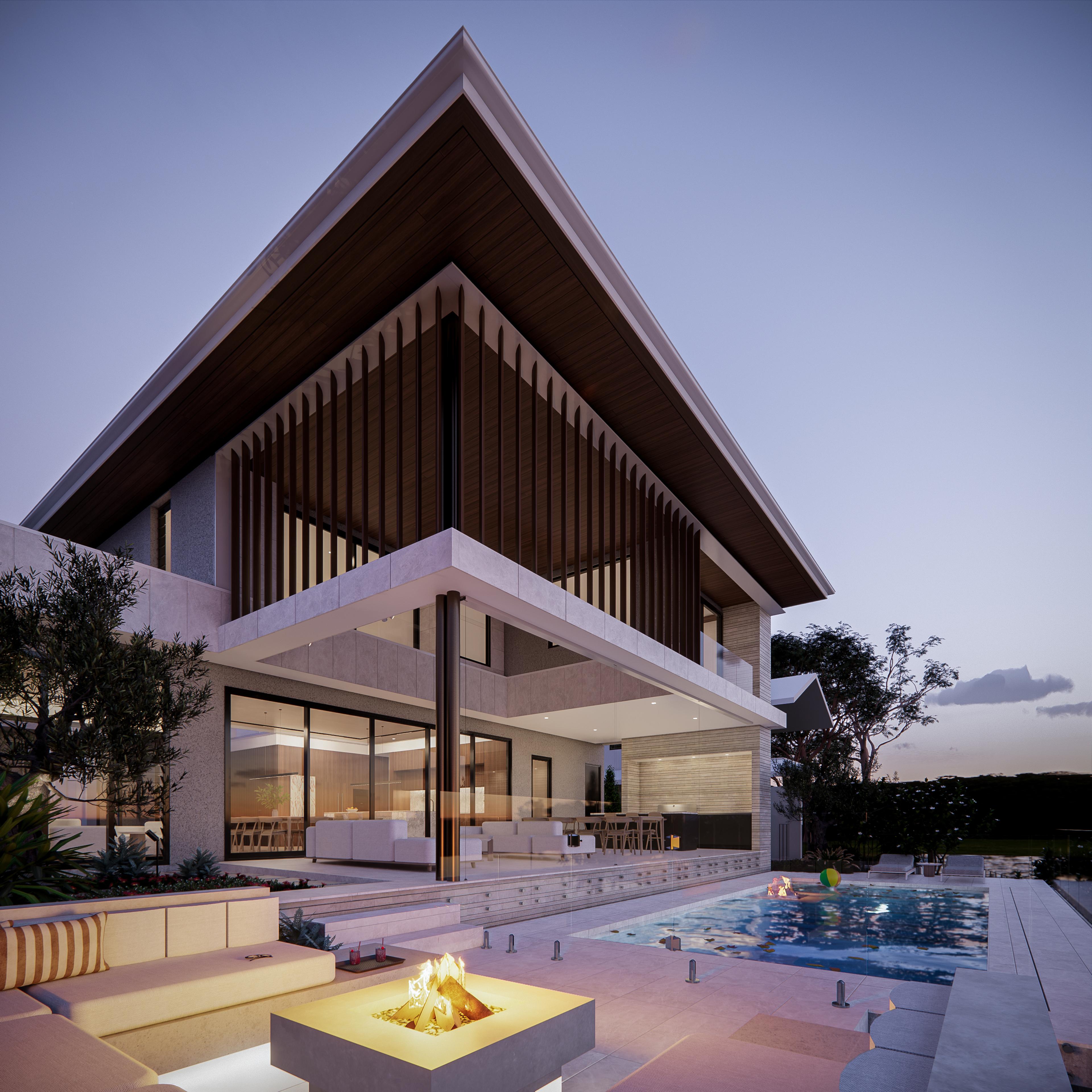 Evening firepit terrace with softly illuminated home, timber screening and pool under a twilight sky