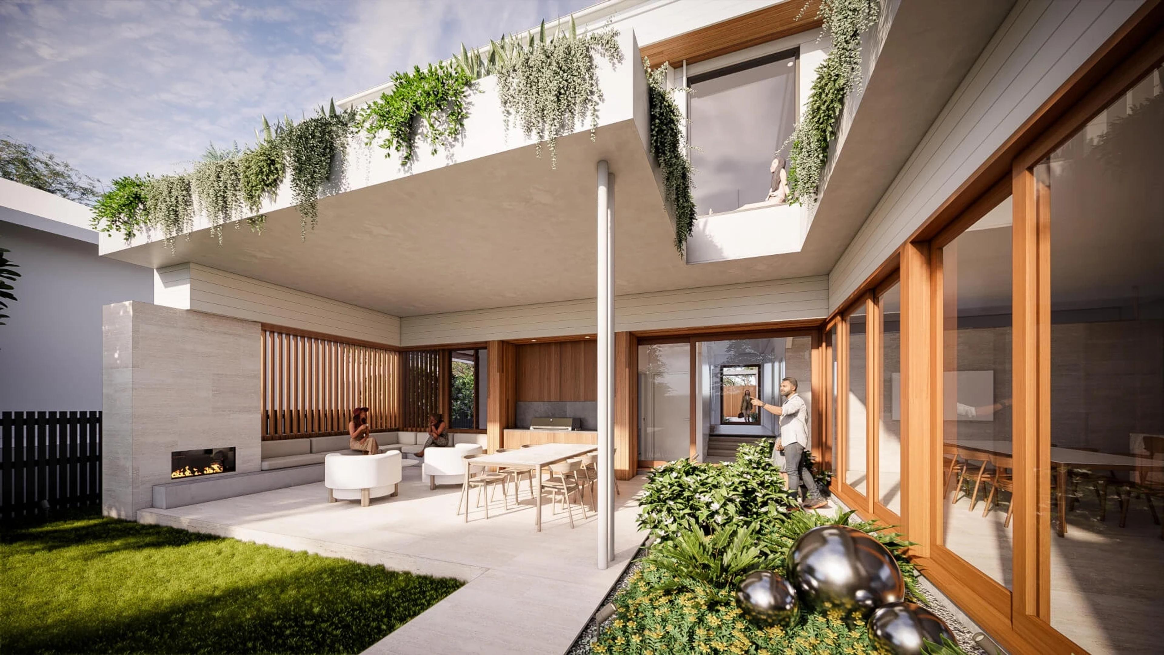 Covered courtyard living area with fireplace, dining table and garden