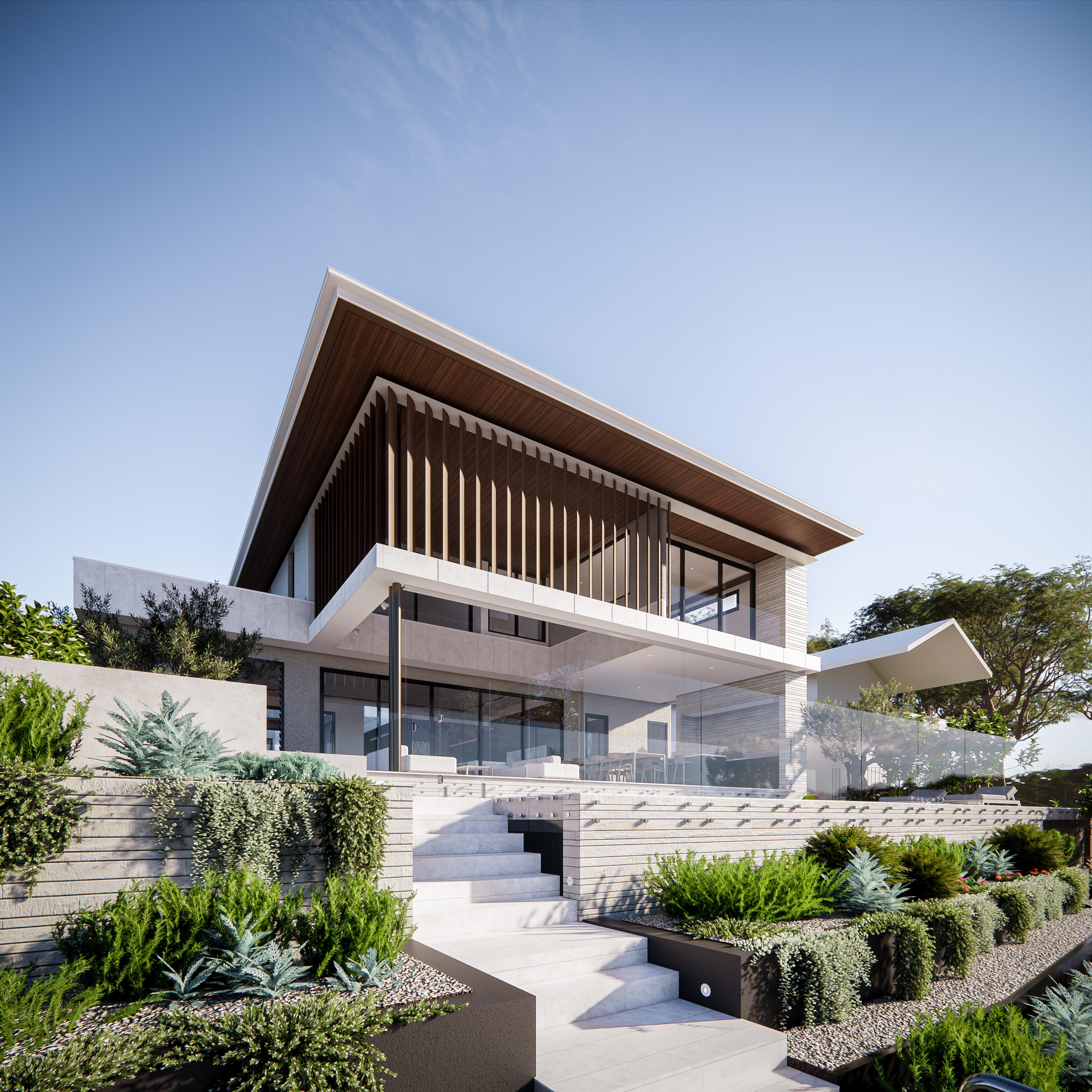 Landscaped rear garden with terraced stone steps rising to the glazed living level and raking roof