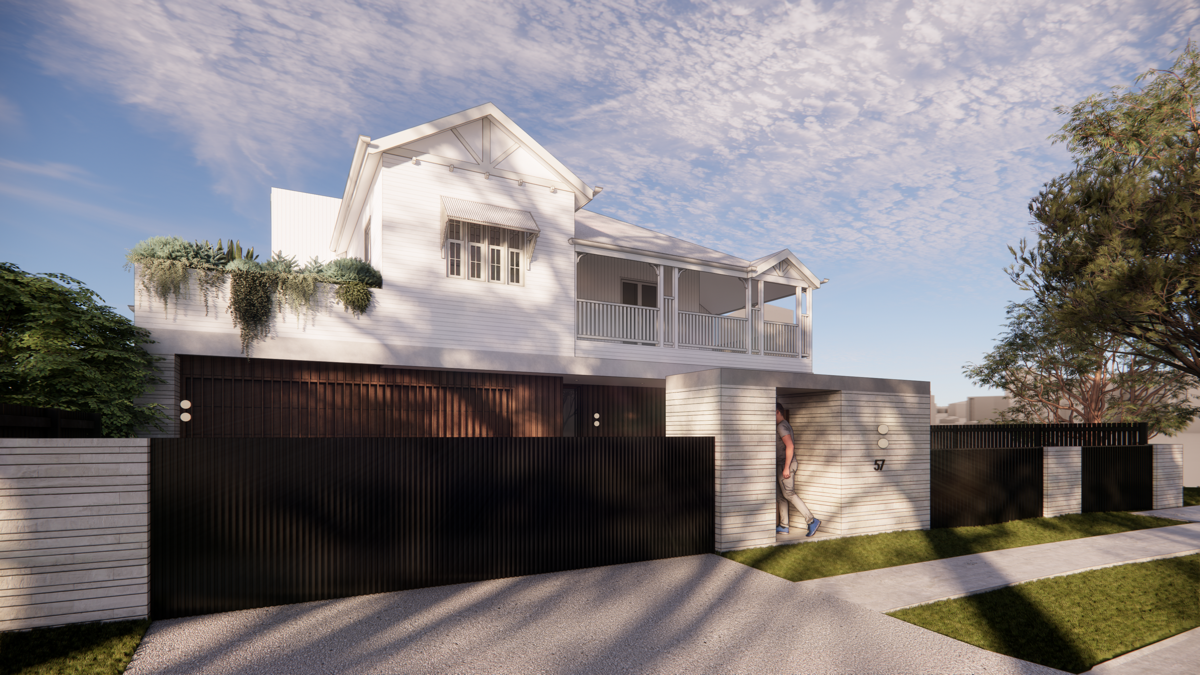 Angled front view of the white gabled Queenslander with rooftop planter, timber garage screen and rendered entry wall