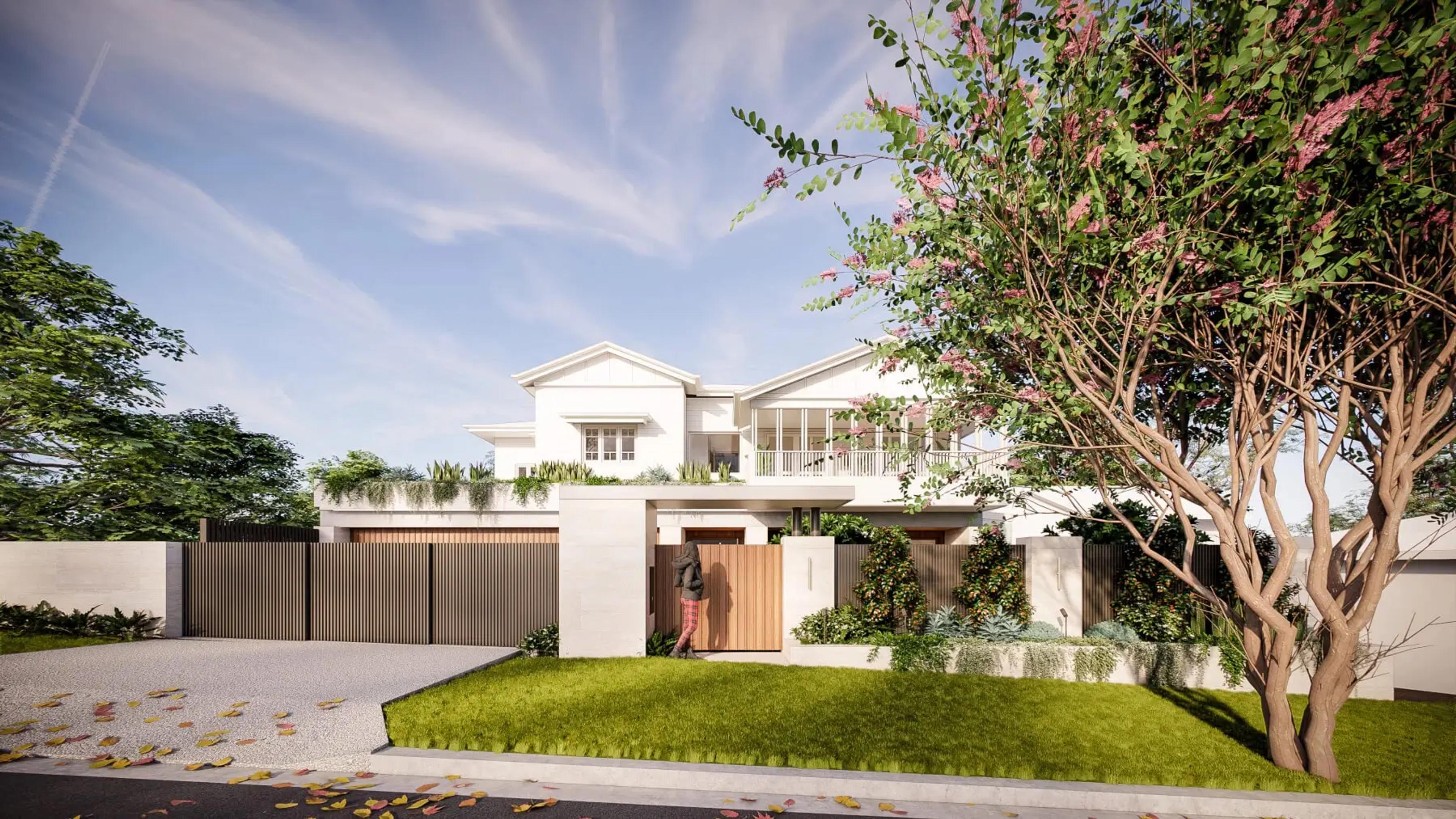 Street facing two storey white home with driveway and front gates