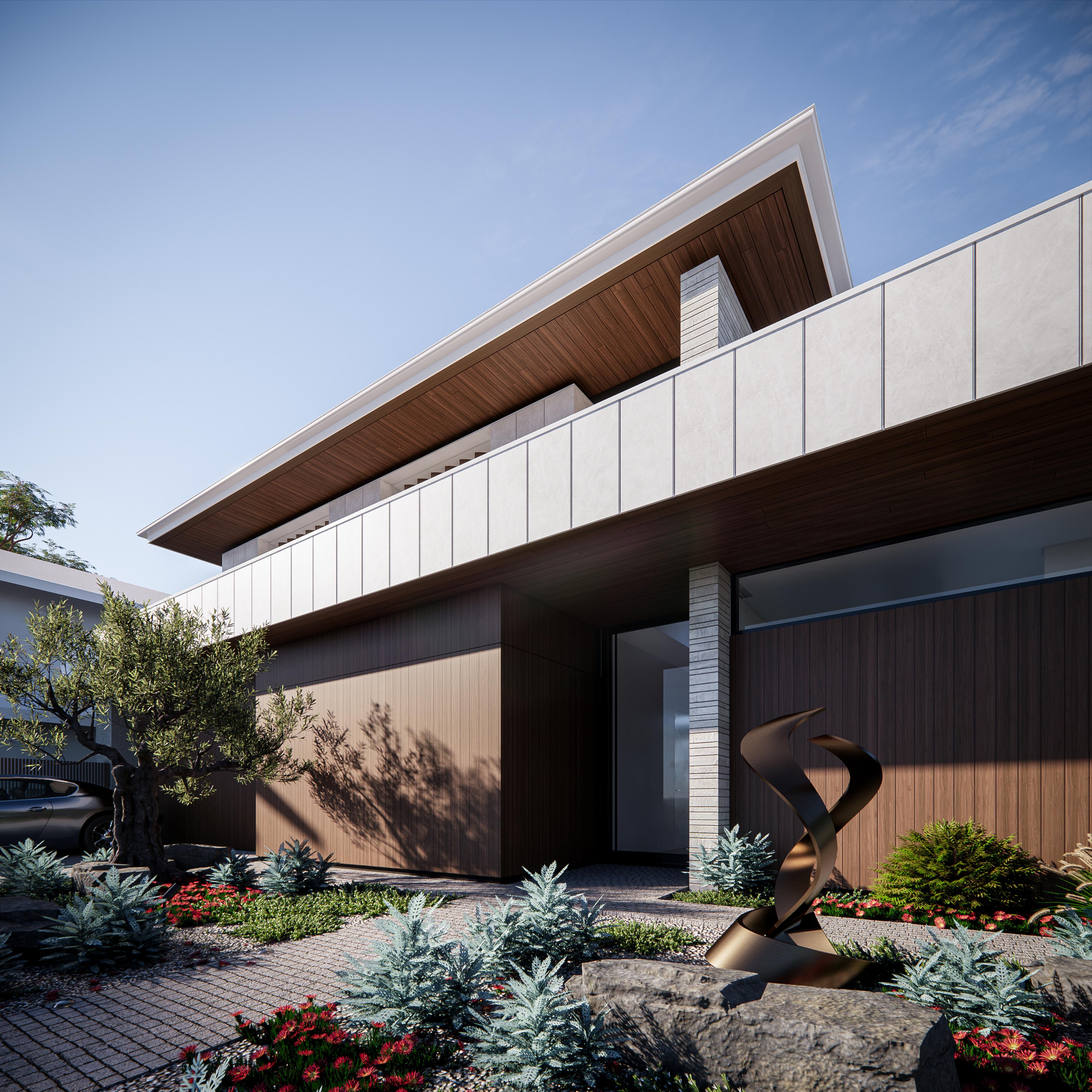 Entry courtyard with bronze sculpture, olive trees and timber facade under the deep raking eave and roof