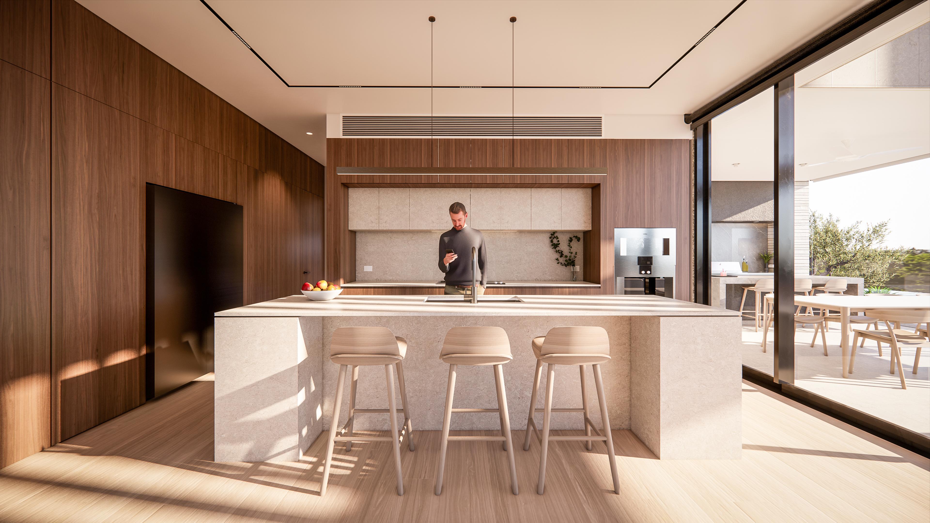 Walnut kitchen with pale stone island, timber stools and stone splashback opening to the outdoor terrace