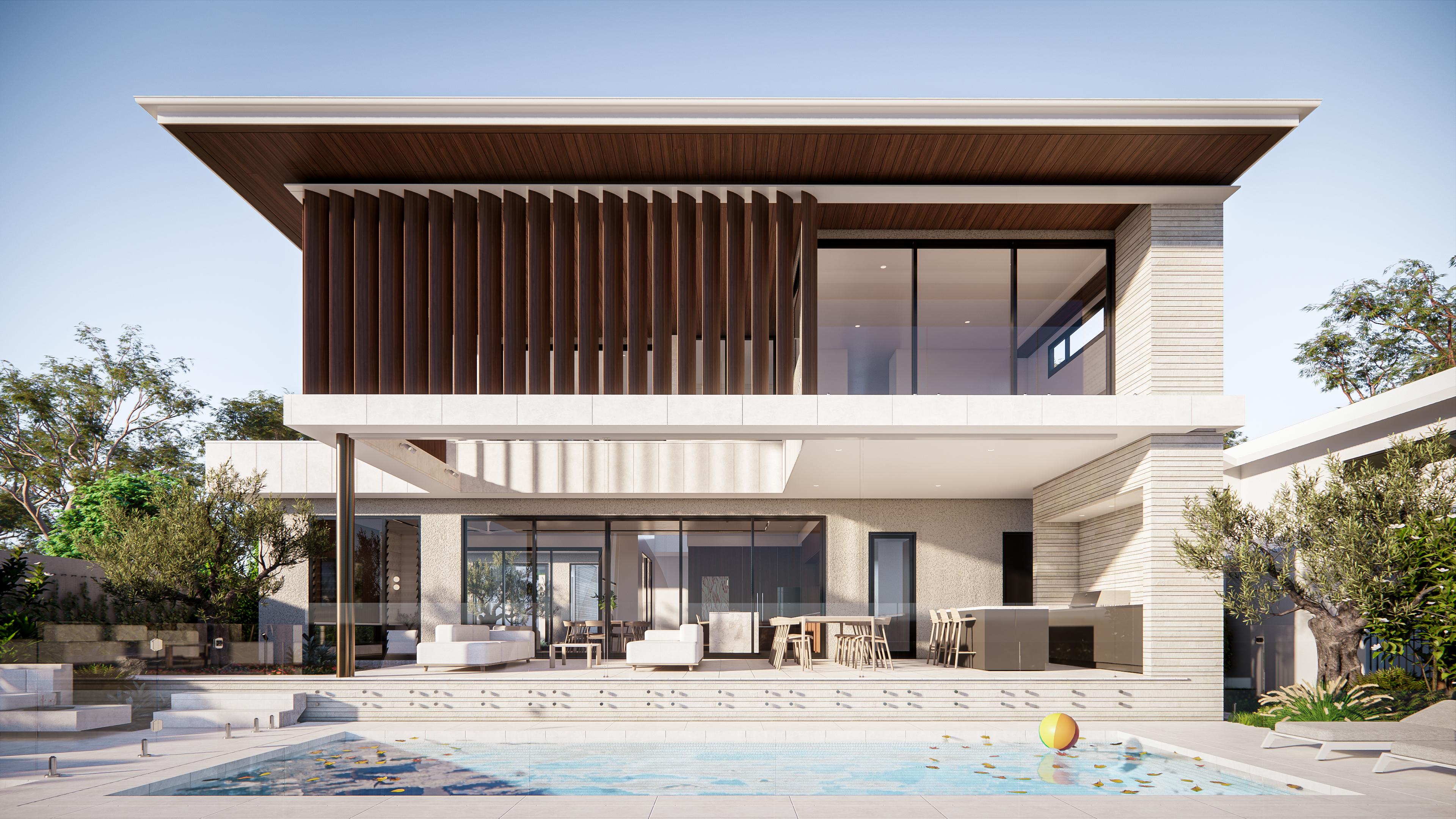 Full rear facade with double-height timber screen, cantilevered upper level and a lap pool with beach ball
