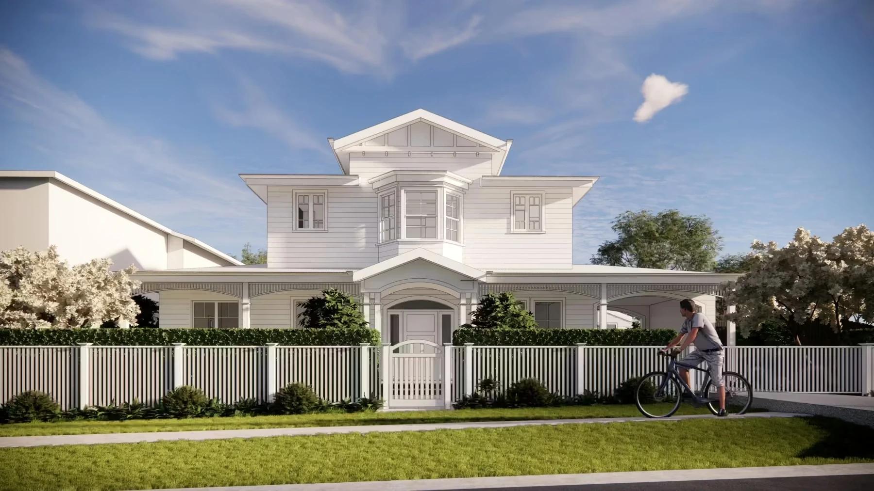 Front elevation render of white weatherboard two storey house with picket fence