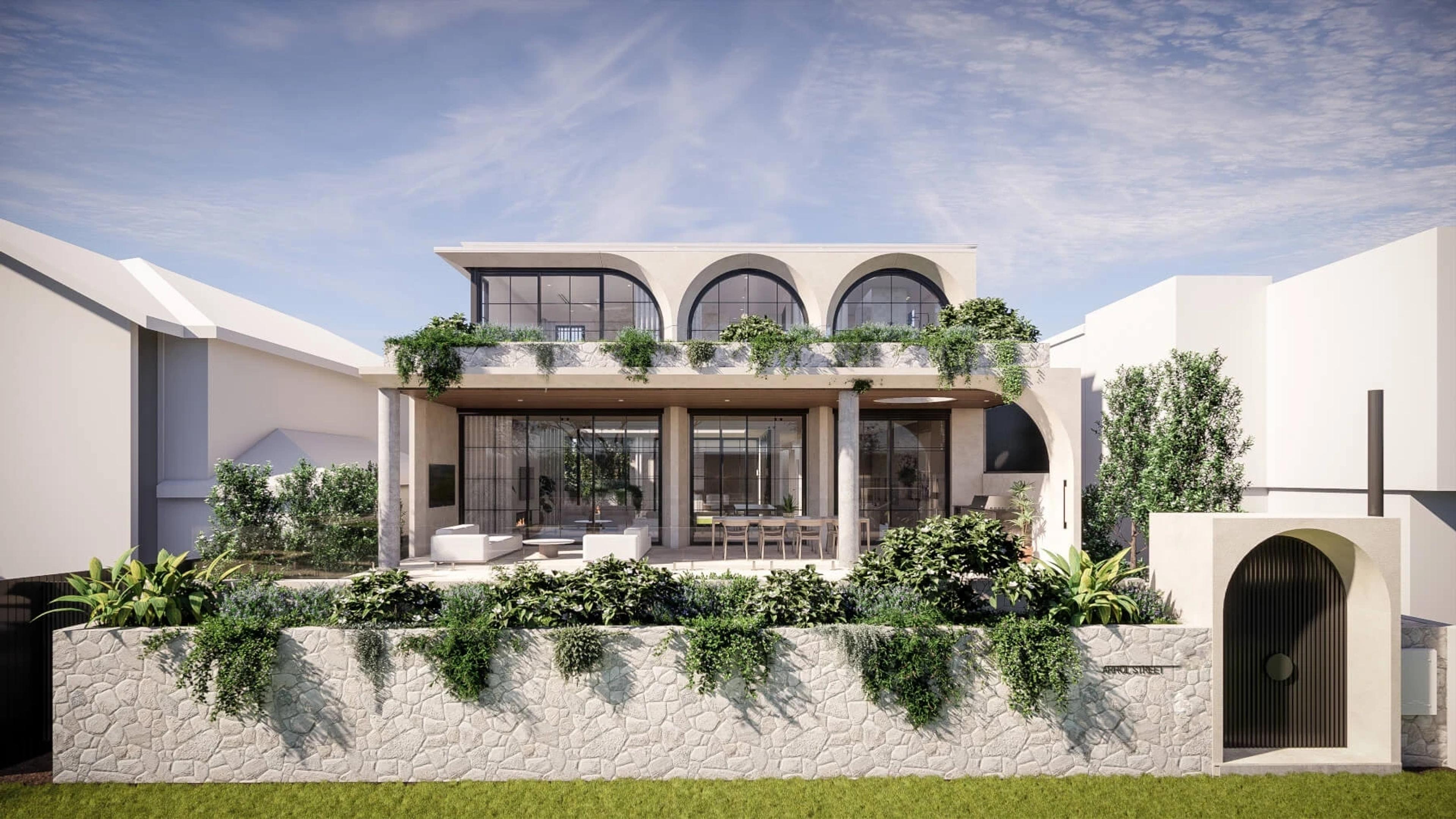 Render of two storey home front elevation with arched terrace
