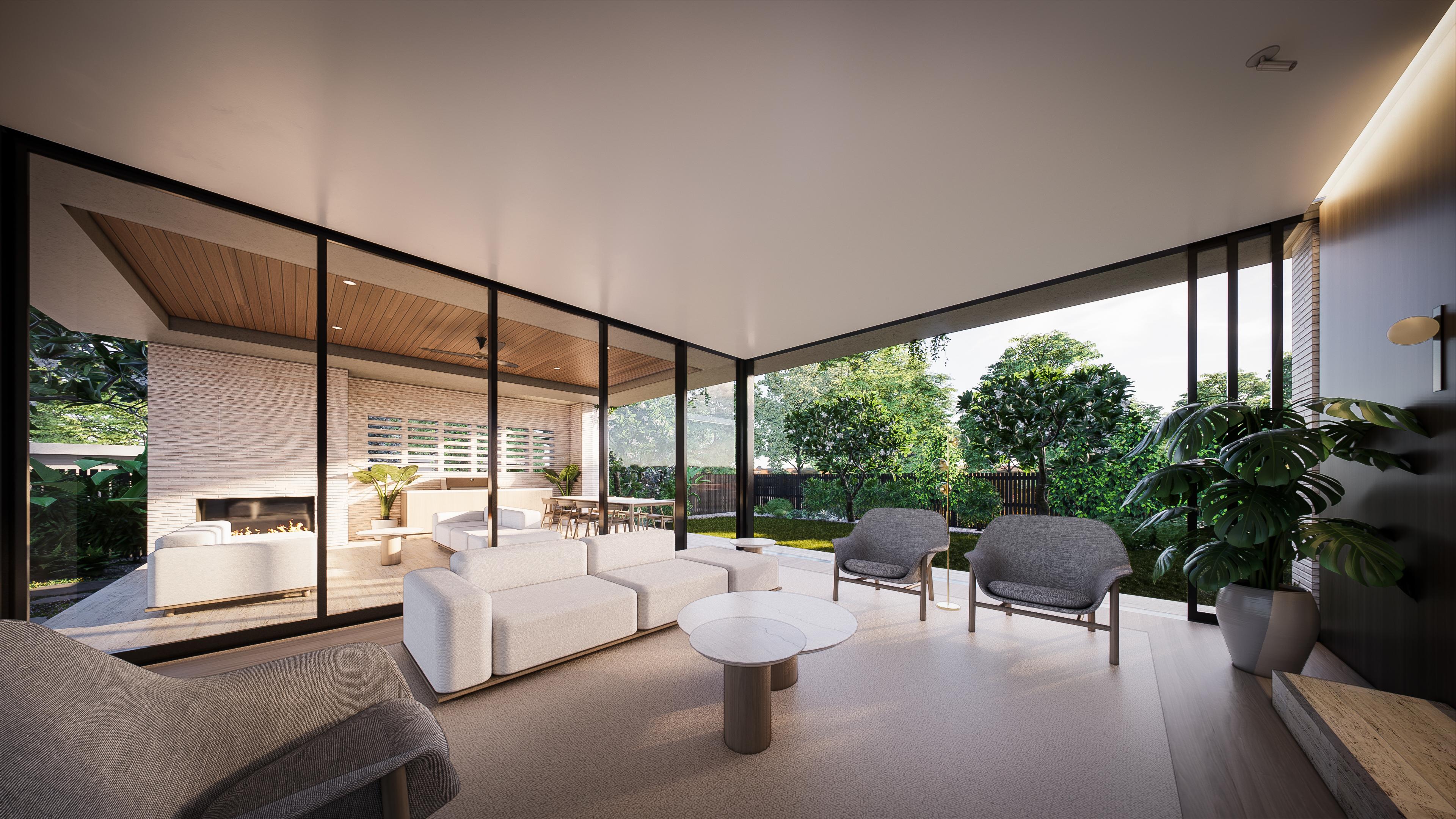 Living lounge with glass walls opening to the garden and alfresco, timber ceiling and a fireplace beyond the sofas