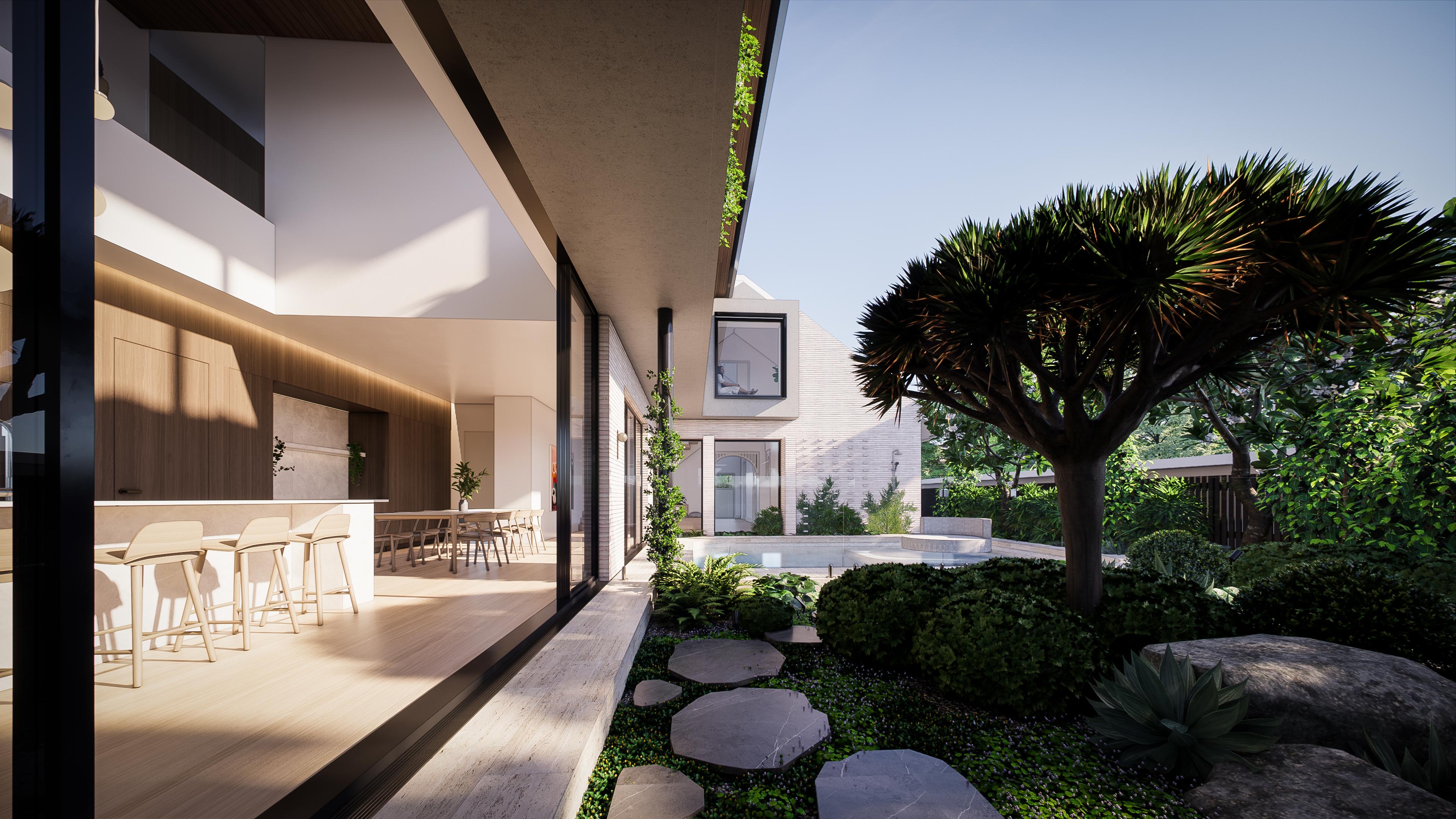 Courtyard seen past the open kitchen deck toward the lap pool, dragon tree and a framed upper level window