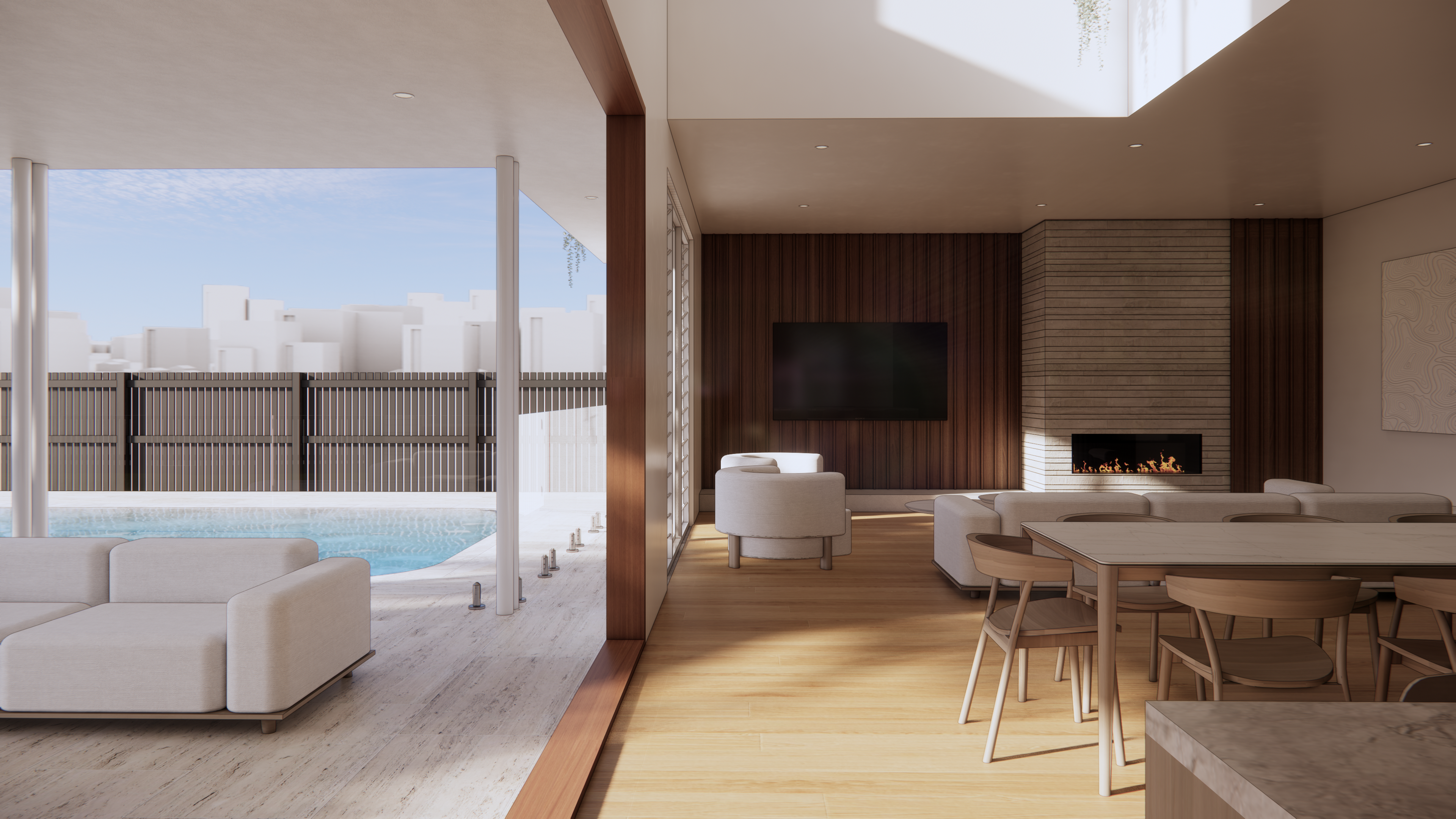 Open plan living and dining space with timber feature wall, linear fireplace, timber floors and poolside outlook