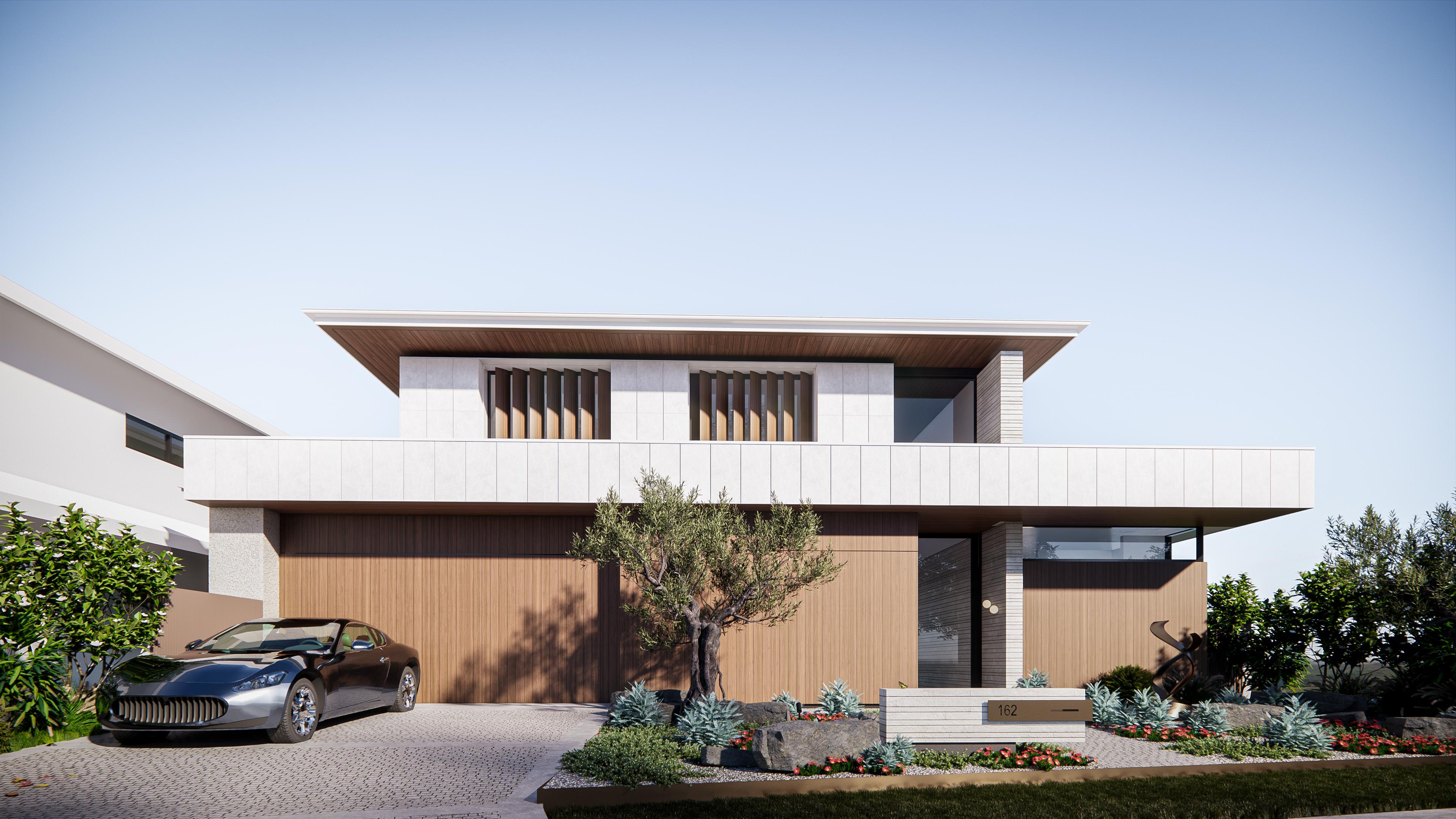 Symmetrical front elevation with floating skillion roof, timber cladding, white stone panels and a sculpted mailbox garden