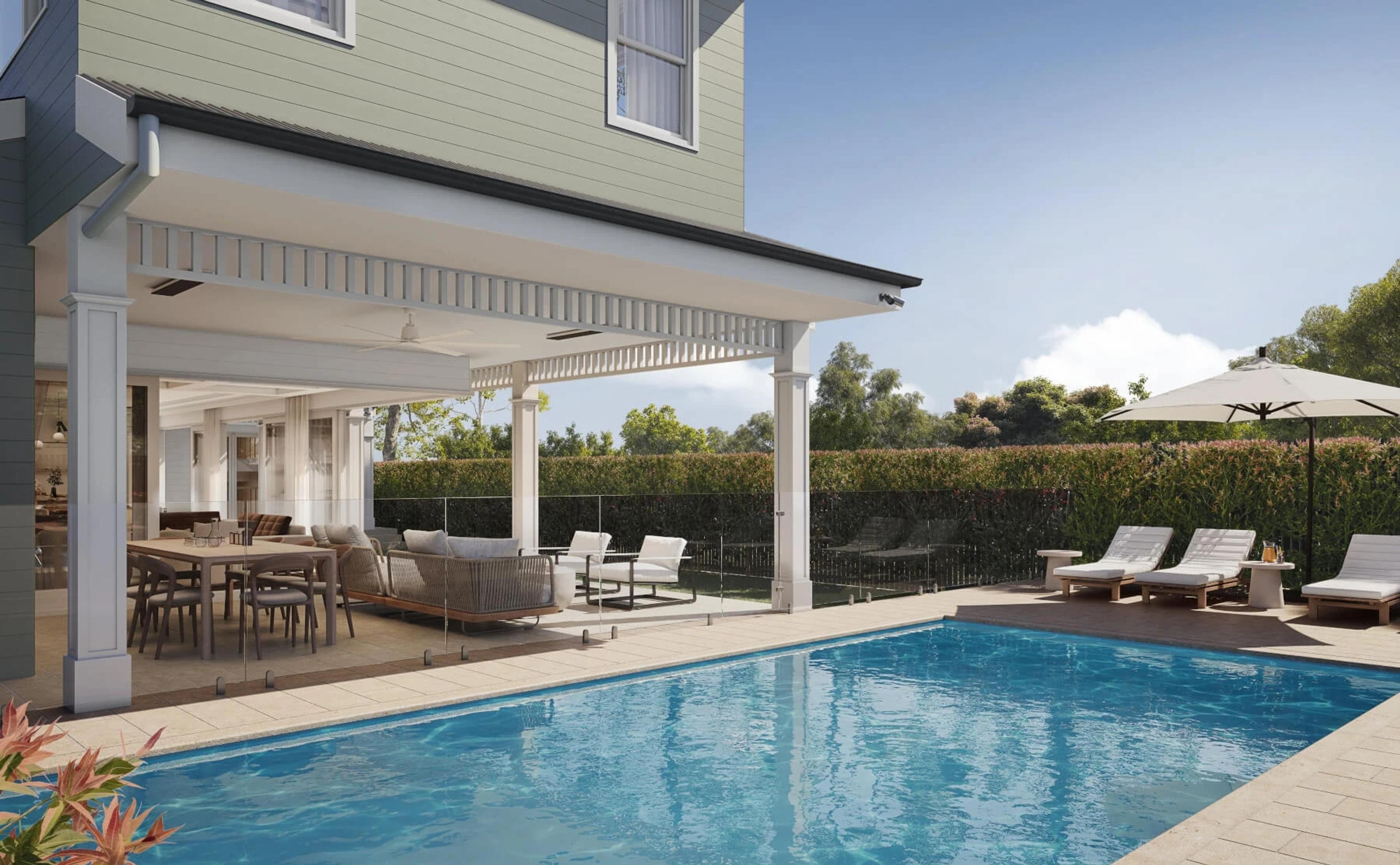 Covered outdoor dining area beside swimming pool and hedge