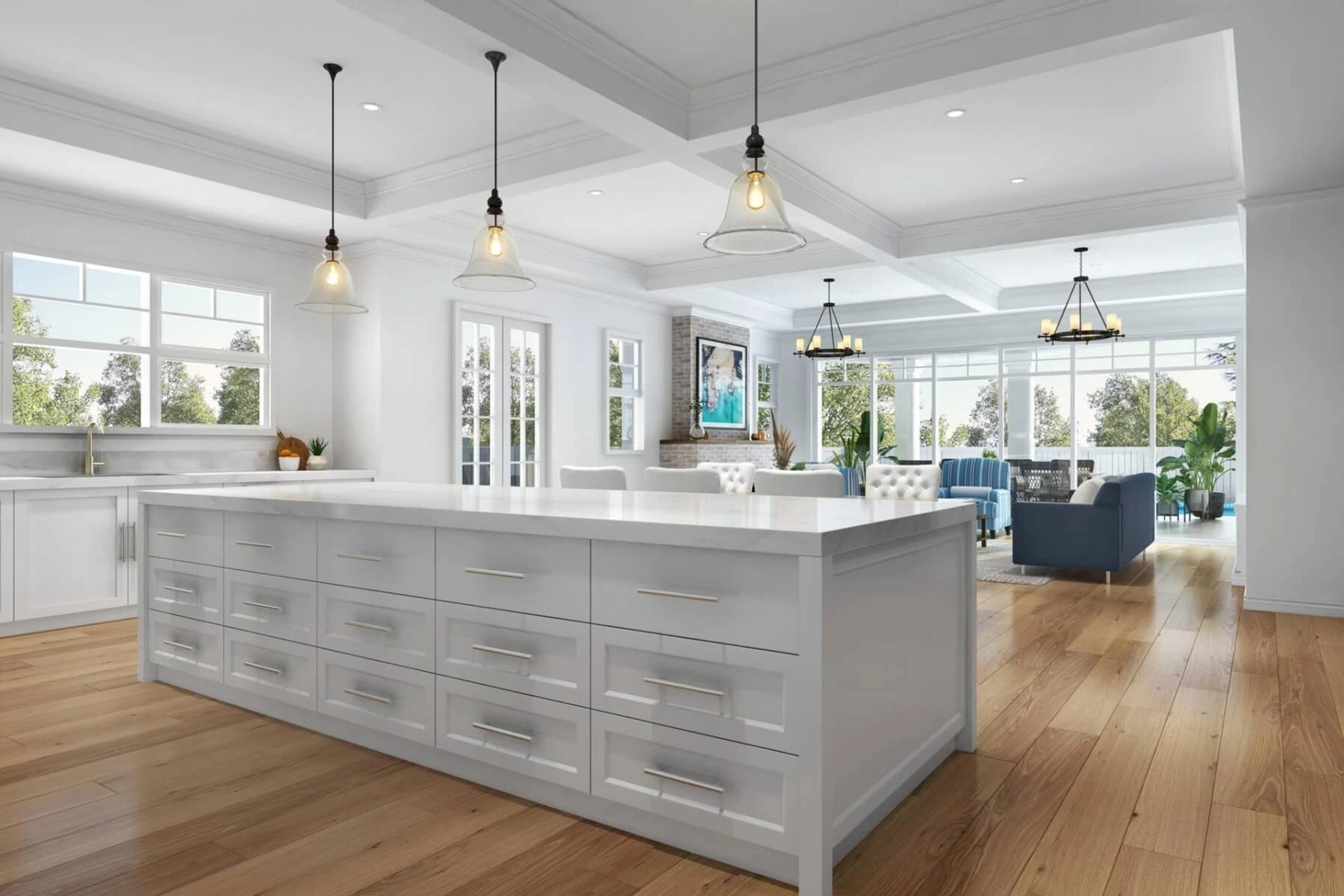 Open plan kitchen with large island and coffered ceiling